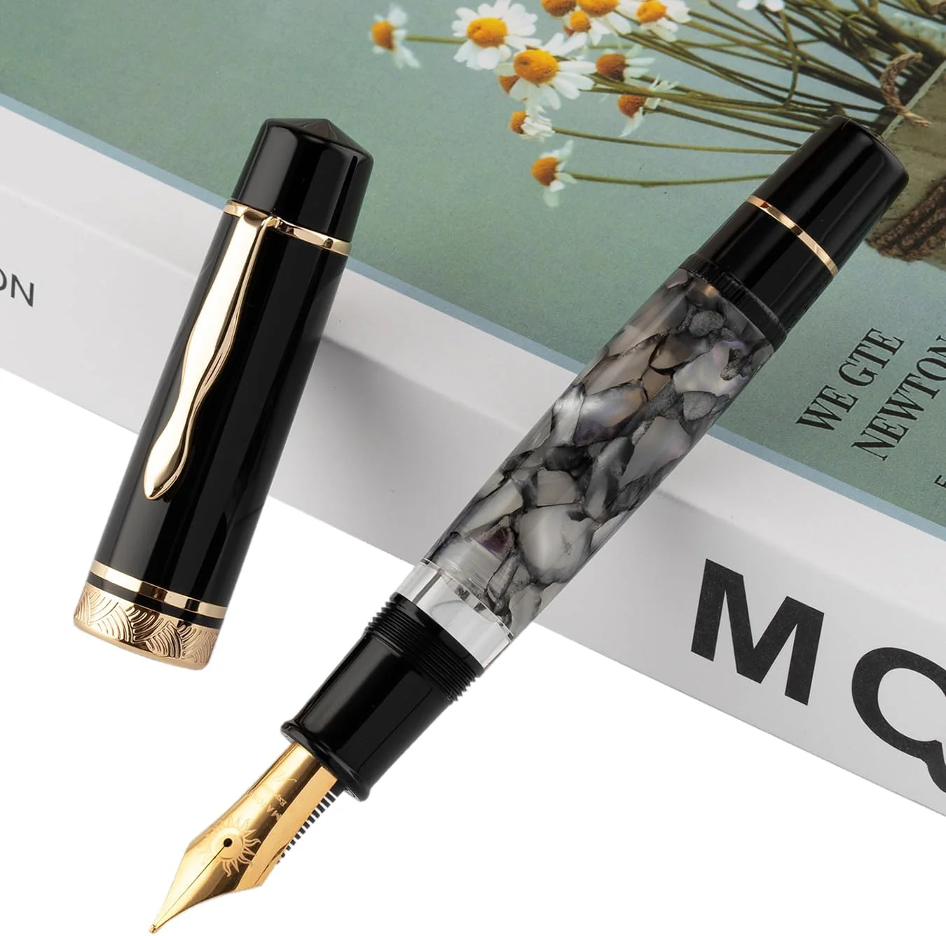 Moonman P139 Sun Carved Fountain Pen No.8 – Fine & Medium Nibs with Box, Gray Marble Acrylic, Large Capacity - Image 2