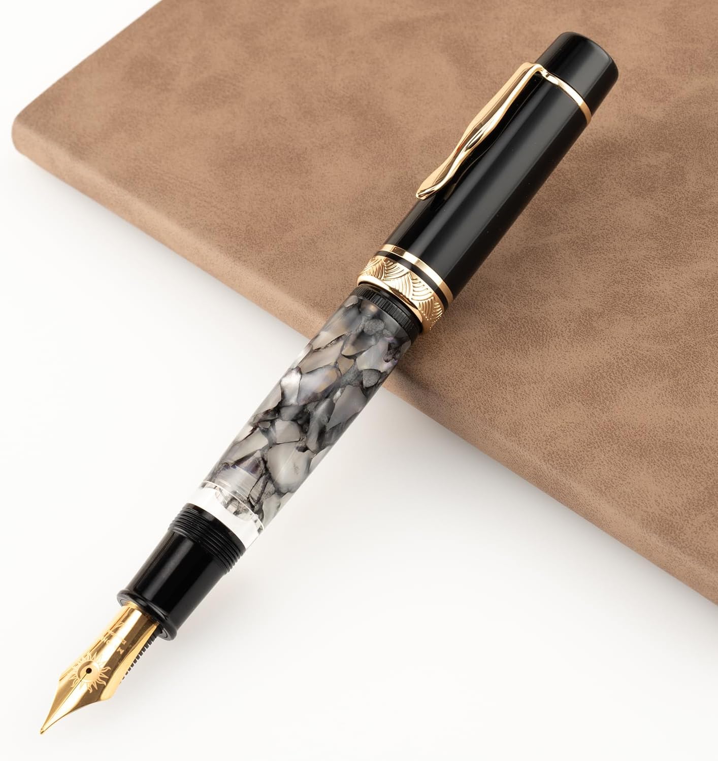 Moonman P139 Sun Carved Fountain Pen No.8 – Fine & Medium Nibs with Box, Gray Marble Acrylic, Large Capacity - Image 3