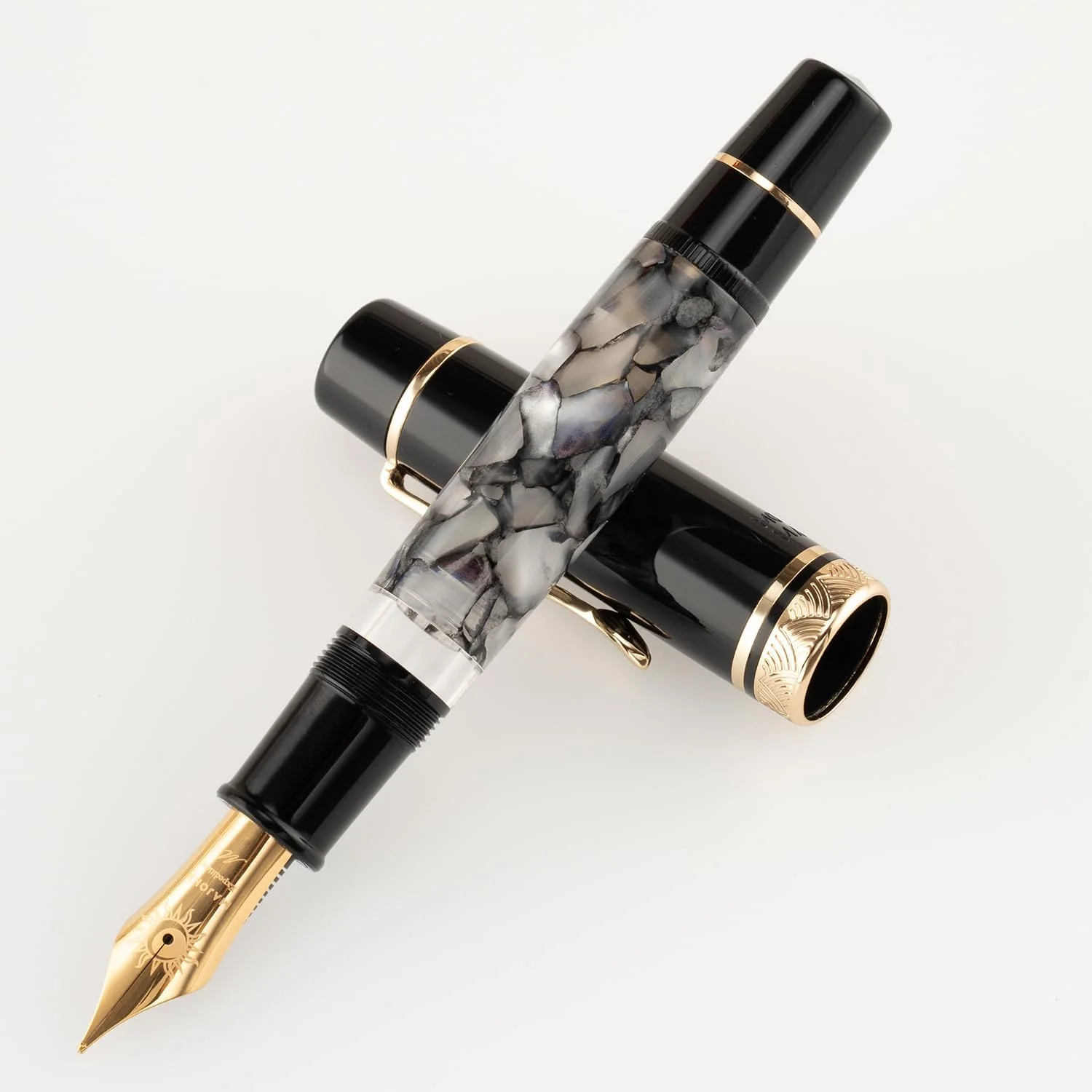 Moonman P139 Sun Carved Fountain Pen No.8 – Fine & Medium Nibs with Box, Gray Marble Acrylic, Large Capacity - Image 4