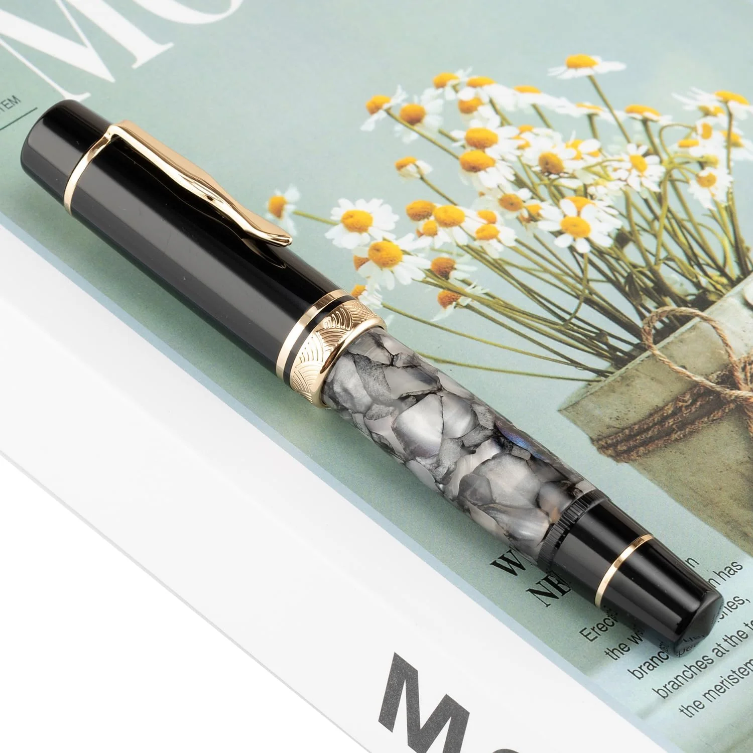 Moonman P139 Sun Carved Fountain Pen No.8 – Fine & Medium Nibs with Box, Gray Marble Acrylic, Large Capacity - Image 5