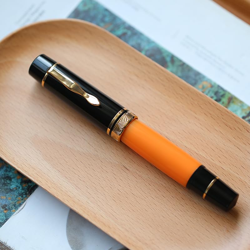 Moonman P139 Sun Carved Fountain Pen – Size 8 Nib, Brass Piston System, Large-Capacity Resin Body (Orange & Black) - Image 6