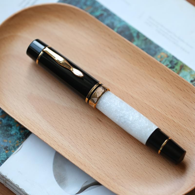 Moonman P139 Sun Carved Fountain Pen – Size 8 Nib, Brass Piston System, Large Capacity Resin (White & Black) - Image 3
