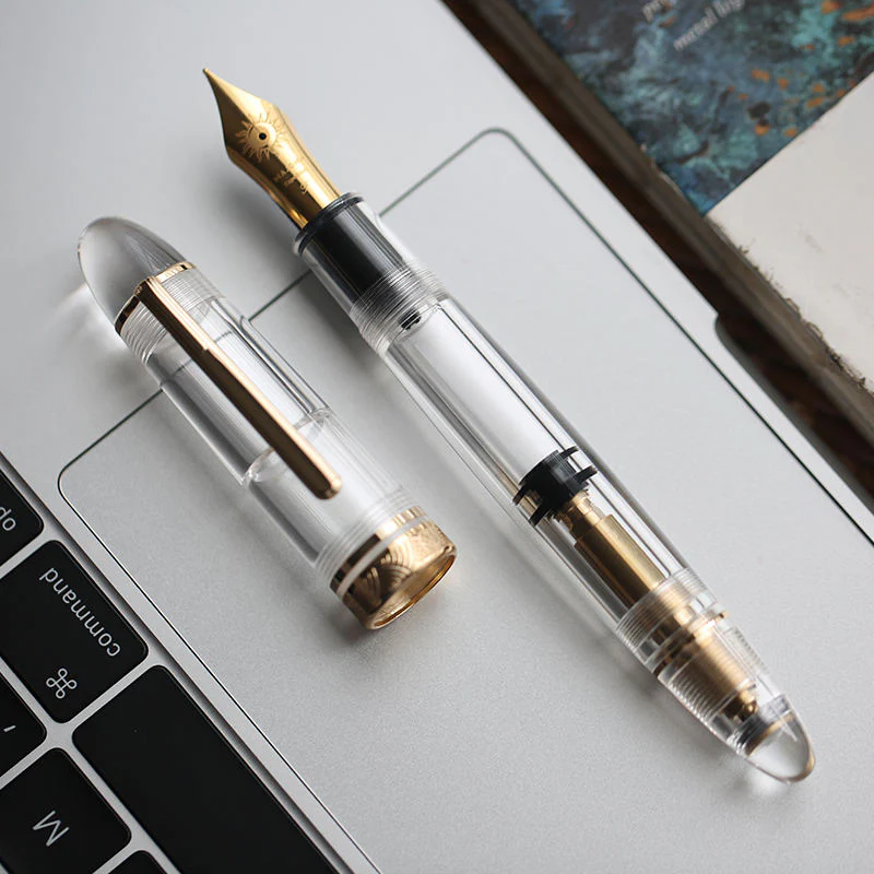 Moonman P140 Clear Demonstrator Fountain Pen – Brass Piston Filling System, Size 8 Sun-Carved Nib, Transparent Resin Body - Image 4