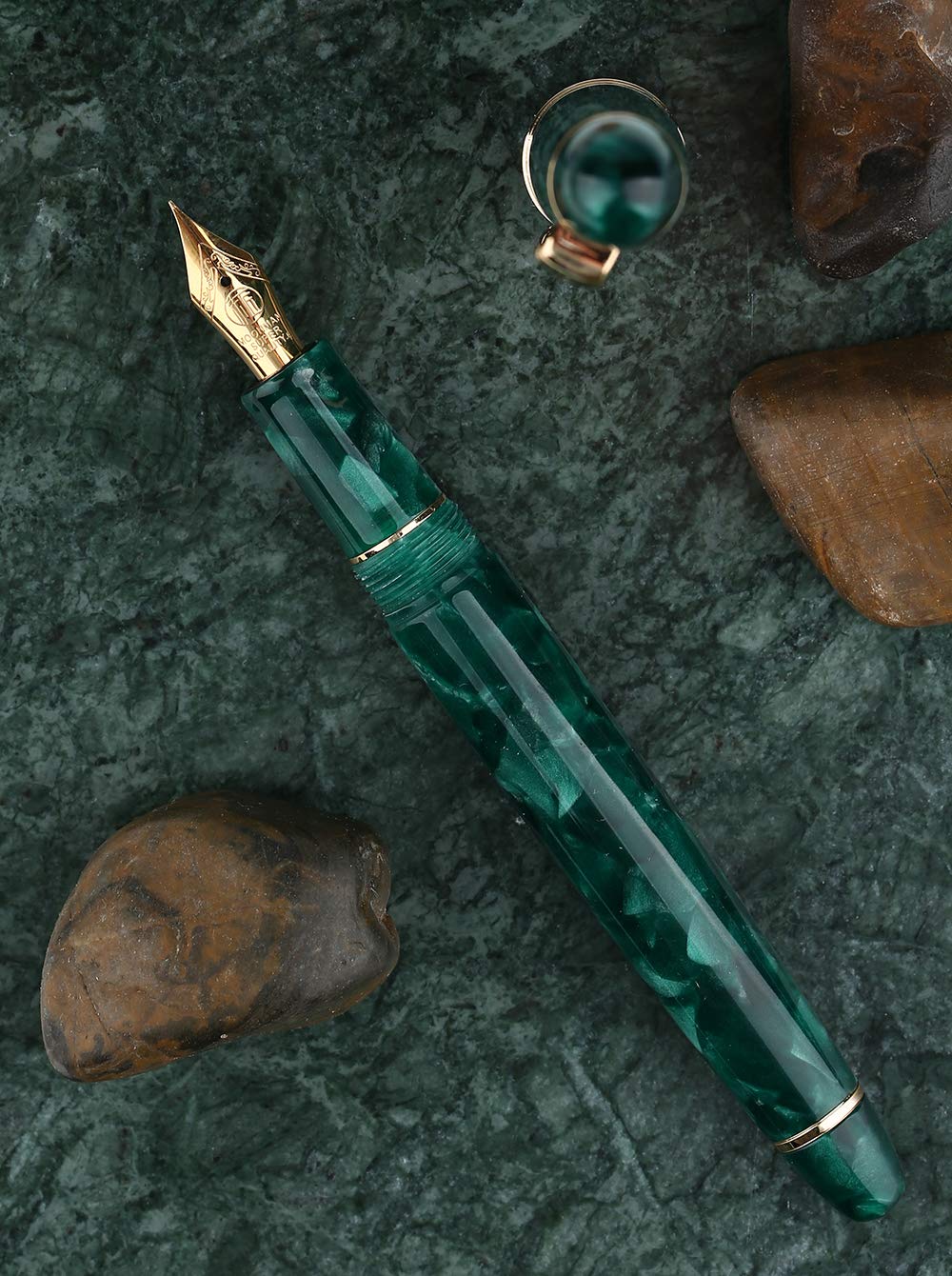 Moonman S3 Fountain Pen, Iridium Fine Nib, Gold Trim and Clip, Green Marble - Image 2
