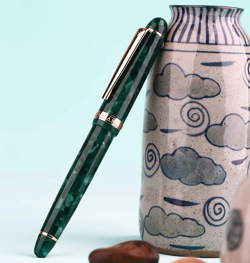 Moonman S3 Fountain Pen, Iridium Fine Nib, Gold Trim and Clip, Green Marble - Image 3