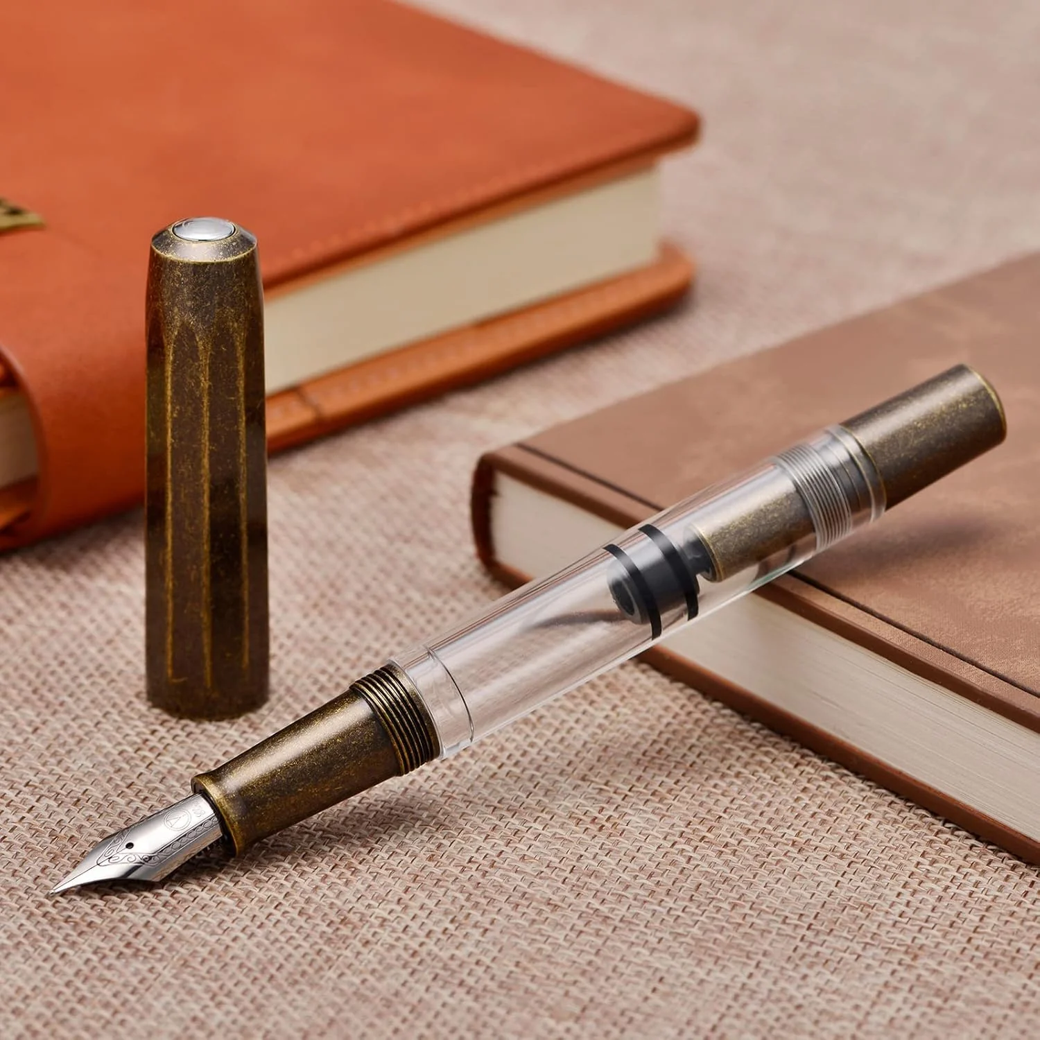Moonman T1 Fountain Pen – Vintage Brass & Clear Body, Fine Nib, Piston Filling System, Clipless Design - Image 2