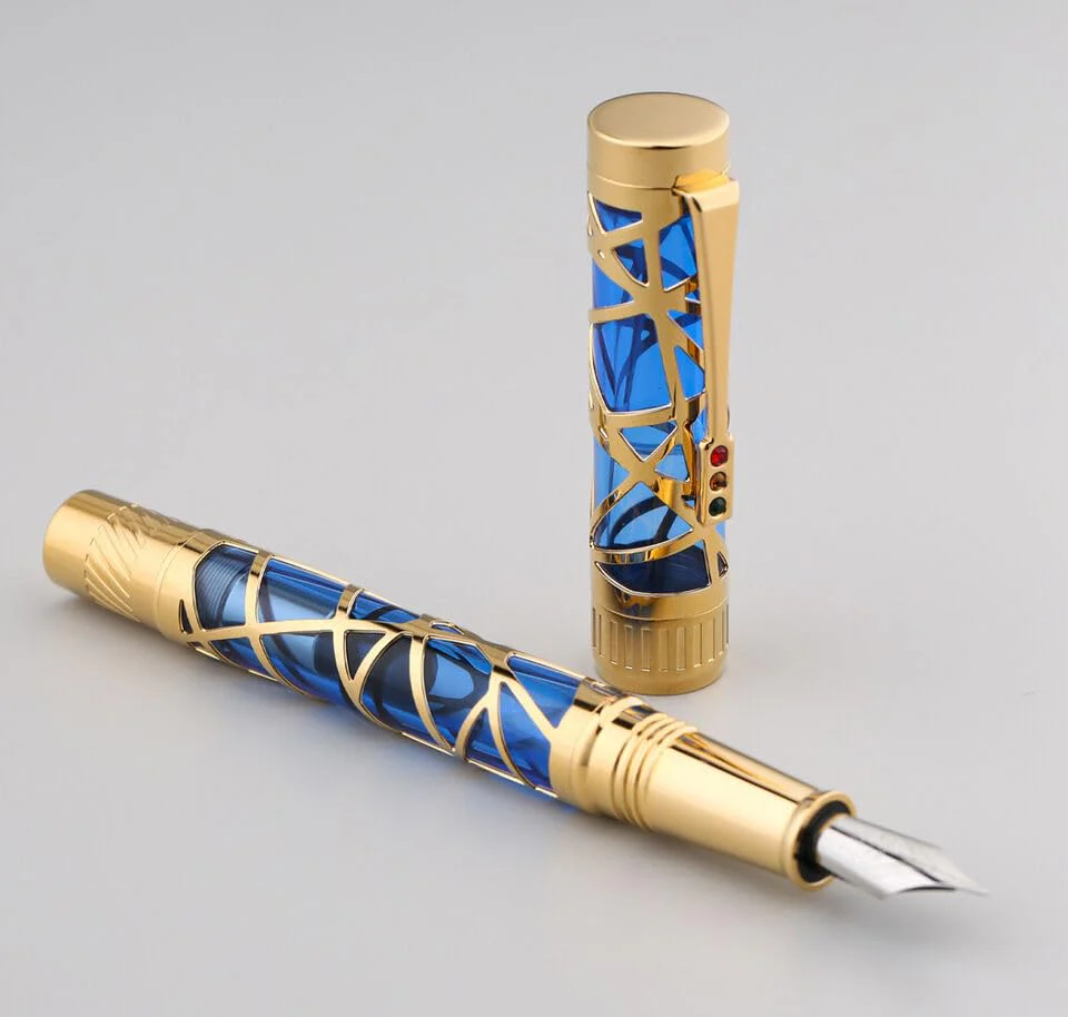 Moonman T6 Fountain Pen – Art Center Skeleton Design, Piston Filling, Medium Nib, Acrylic Silver Trim (Blue Sky Gold) - Image 2