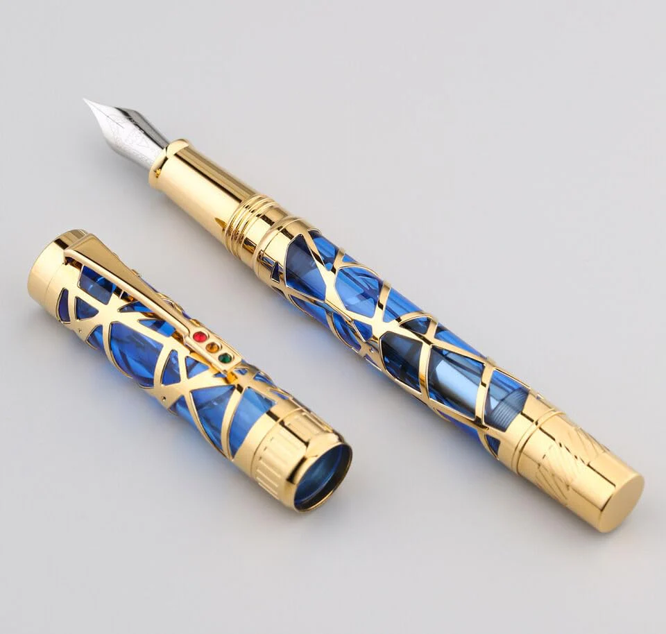 Moonman T6 Fountain Pen – Art Center Skeleton Design, Piston Filling, Medium Nib, Acrylic Silver Trim (Blue Sky Gold) - Image 3