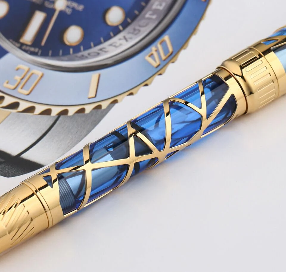Moonman T6 Fountain Pen – Art Center Skeleton Design, Piston Filling, Medium Nib, Acrylic Silver Trim (Blue Sky Gold) - Image 4