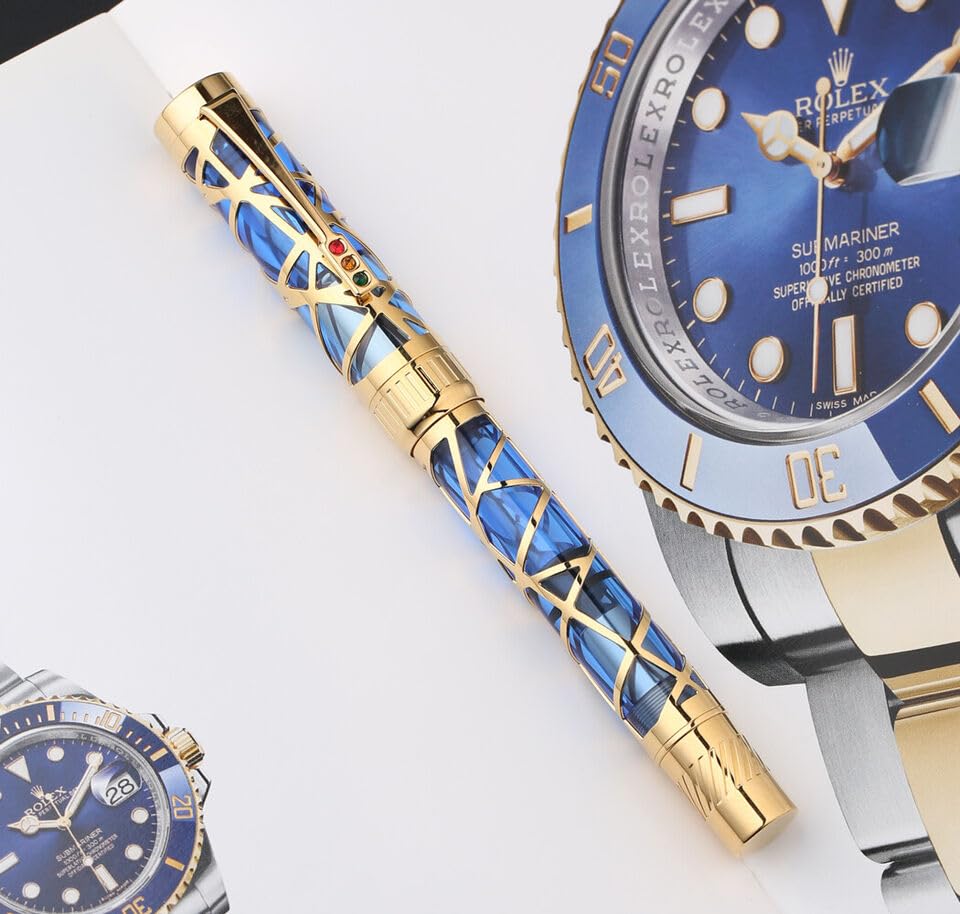Moonman T6 Fountain Pen – Art Center Skeleton Design, Piston Filling, Medium Nib, Acrylic Silver Trim (Blue Sky Gold) - Image 5