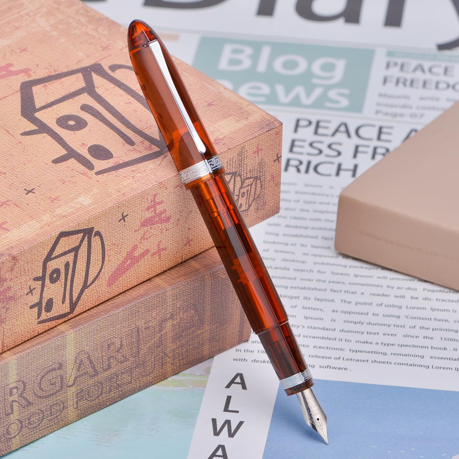 Moonman V60 Brown Transparent Piston Fountain Pen, Fine Nib (0.5mm), Triangular Resin Body, Gift Box Included - Image 2