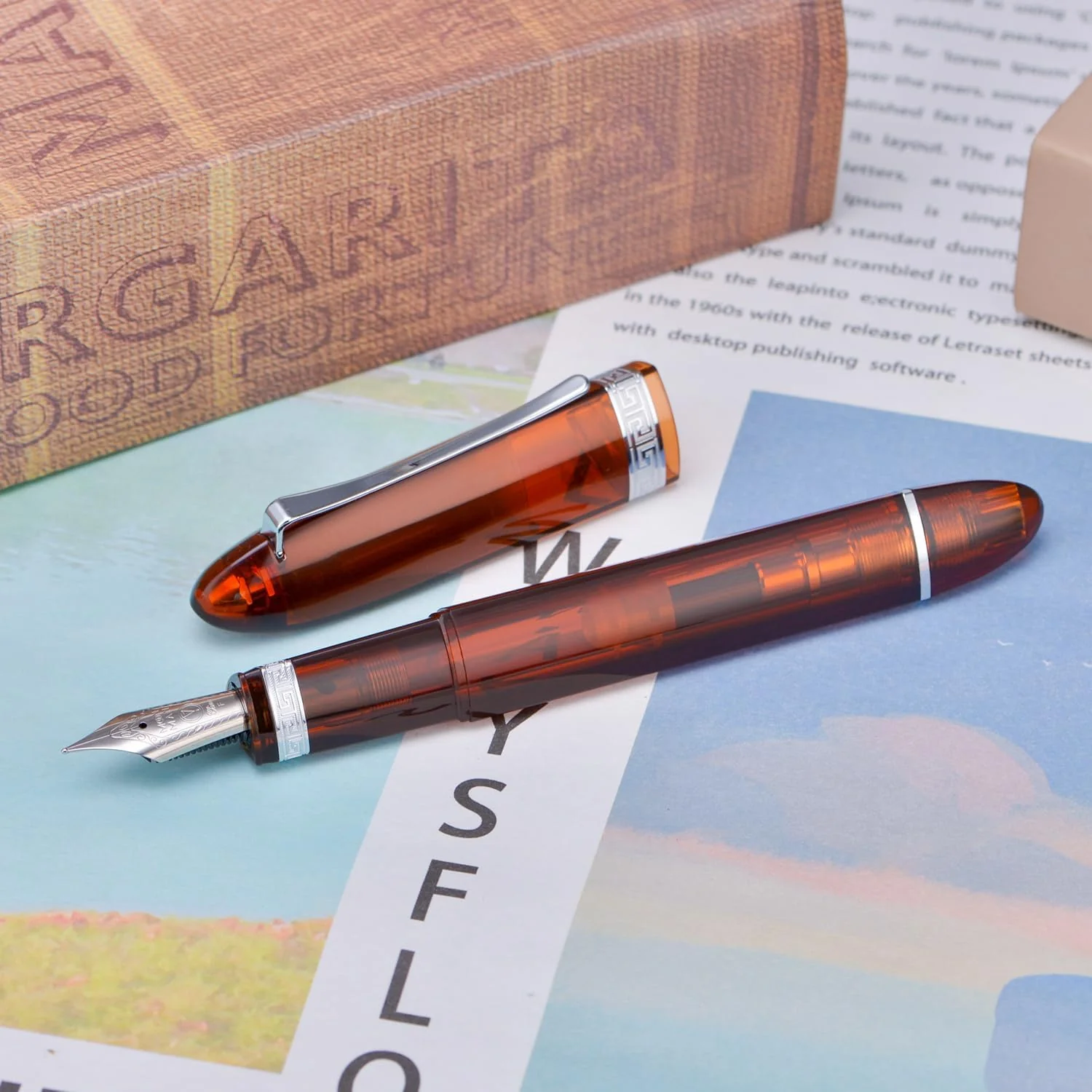 Moonman V60 Brown Transparent Piston Fountain Pen, Fine Nib (0.5mm), Triangular Resin Body, Gift Box Included - Image 3