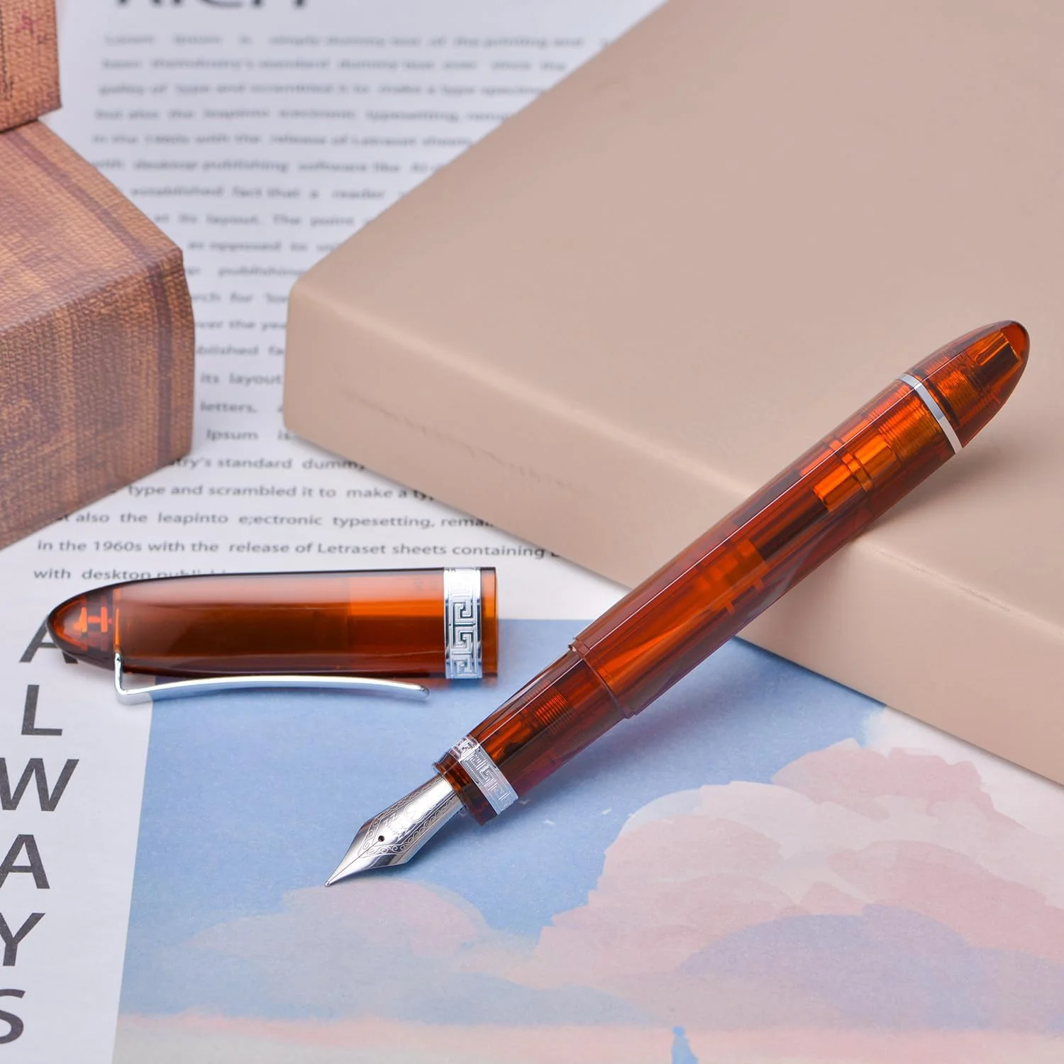 Moonman V60 Brown Transparent Piston Fountain Pen, Fine Nib (0.5mm), Triangular Resin Body, Gift Box Included - Image 4