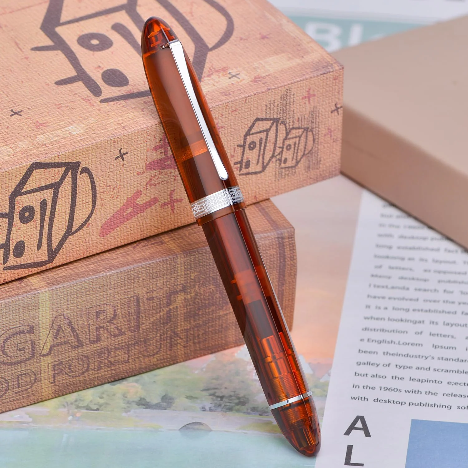 Moonman V60 Brown Transparent Piston Fountain Pen, Fine Nib (0.5mm), Triangular Resin Body, Gift Box Included - Image 5