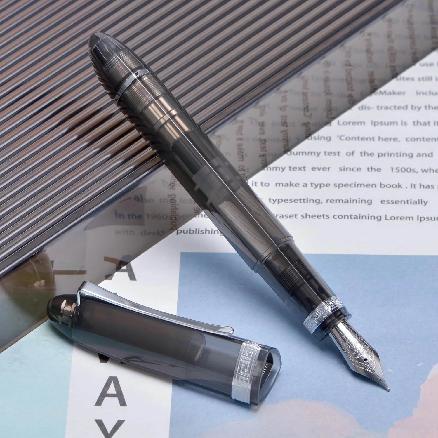 Moonman V60 Grey Transparent Piston Fountain Pen, Fine Nib (0.5mm), Triangular Resin Body, Gift Box Included - Image 2