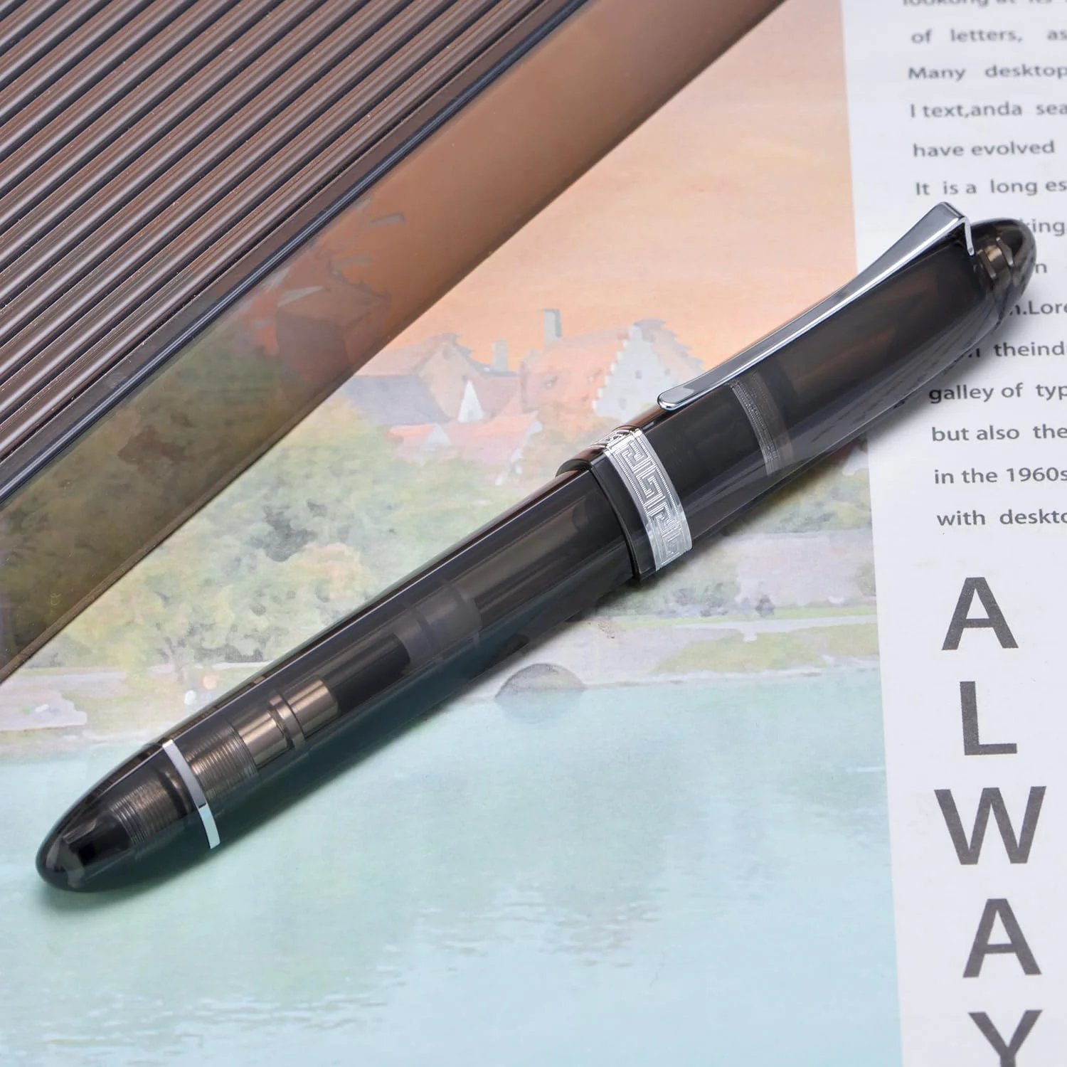 Moonman V60 Grey Transparent Piston Fountain Pen, Fine Nib (0.5mm), Triangular Resin Body, Gift Box Included - Image 3