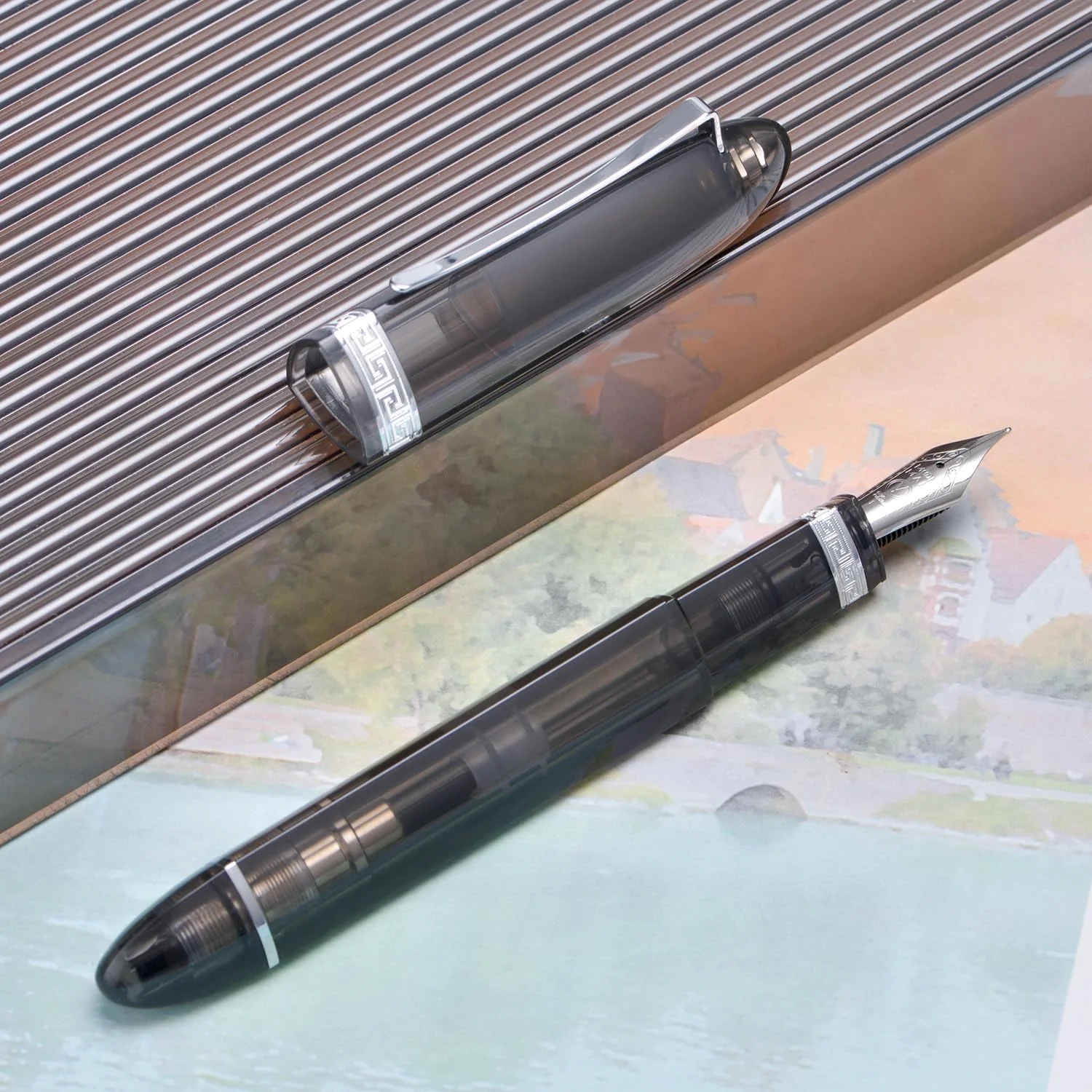 Moonman V60 Grey Transparent Piston Fountain Pen, Fine Nib (0.5mm), Triangular Resin Body, Gift Box Included - Image 4