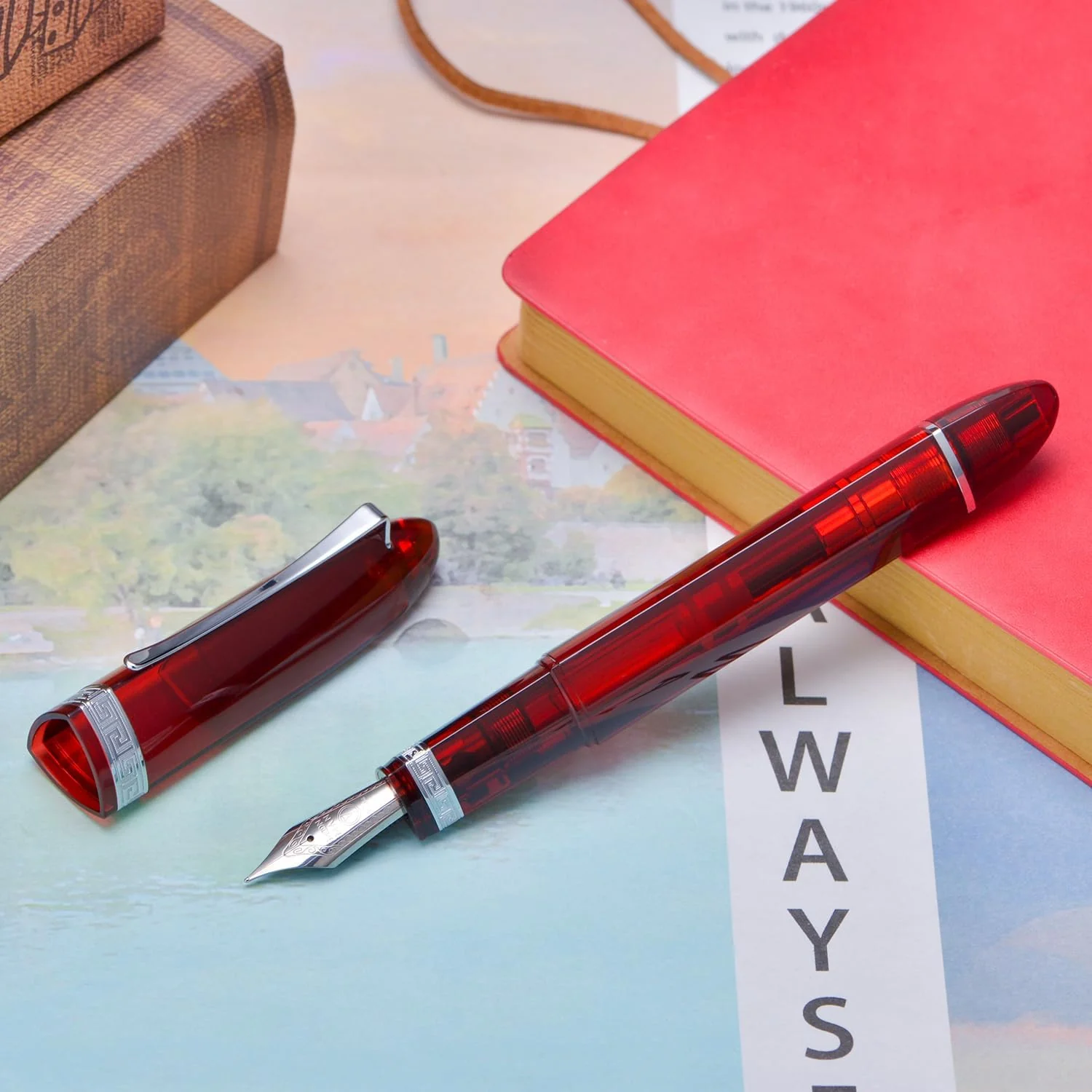 Moonman V60 Red Transparent Piston Fountain Pen, Fine Nib (0.5mm), Triangular Resin Body, Gift Box Included - Image 3