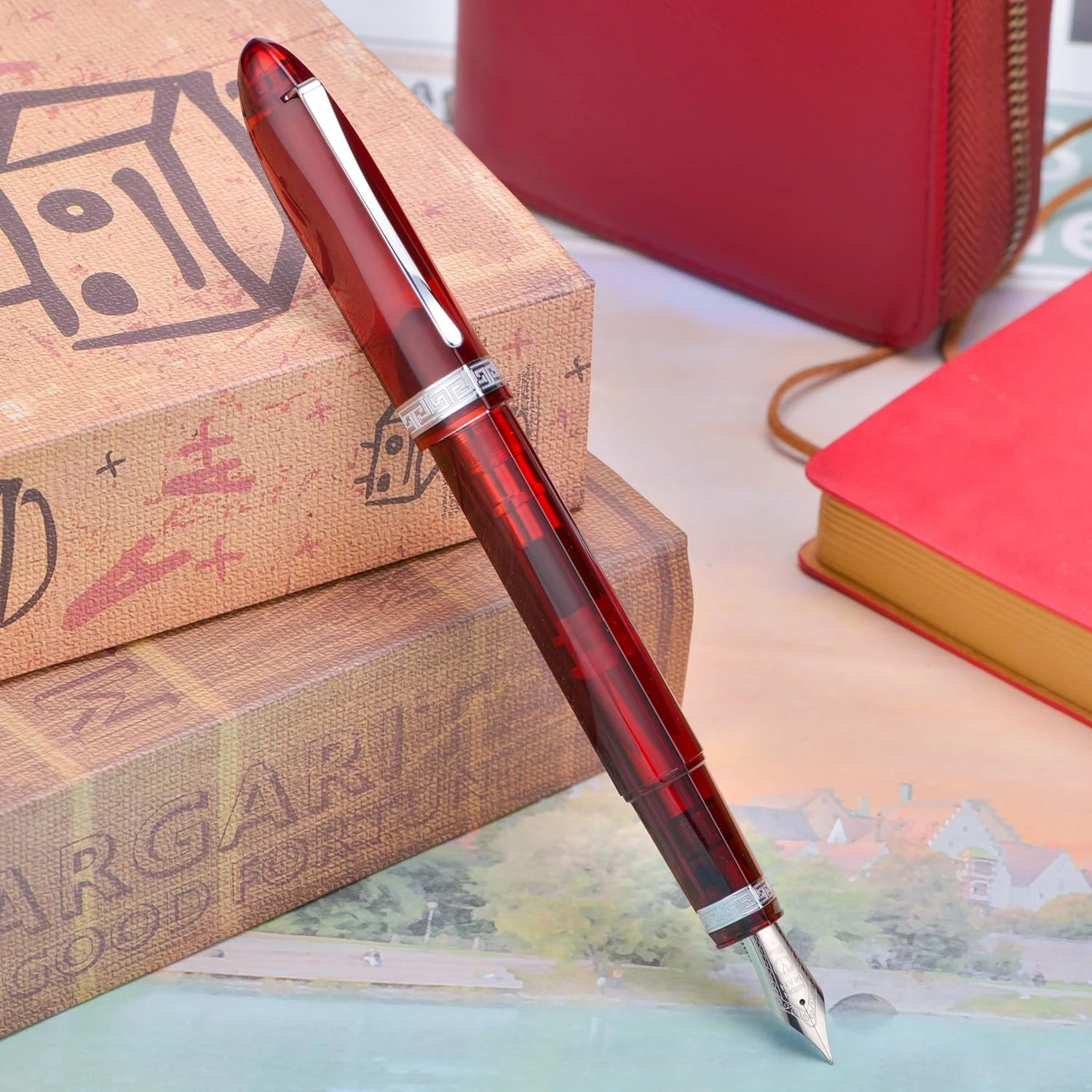 Moonman V60 Red Transparent Piston Fountain Pen, Fine Nib (0.5mm), Triangular Resin Body, Gift Box Included - Image 4