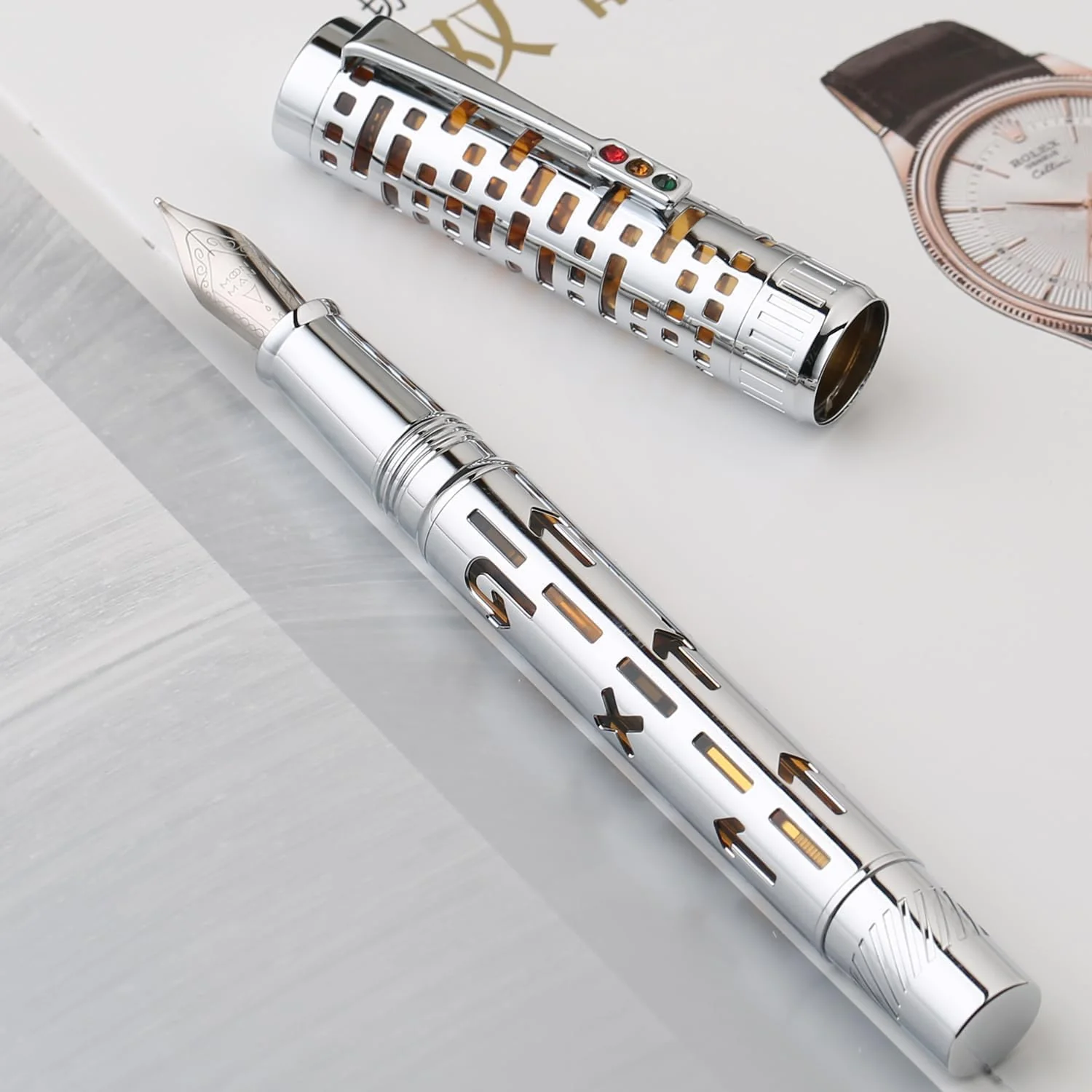 Moonman T6 City Lights Fountain Pen – Silver Skeleton Orange Acrylic Body, Extra Fine / Medium Nib, Piston Filling System - Image 4