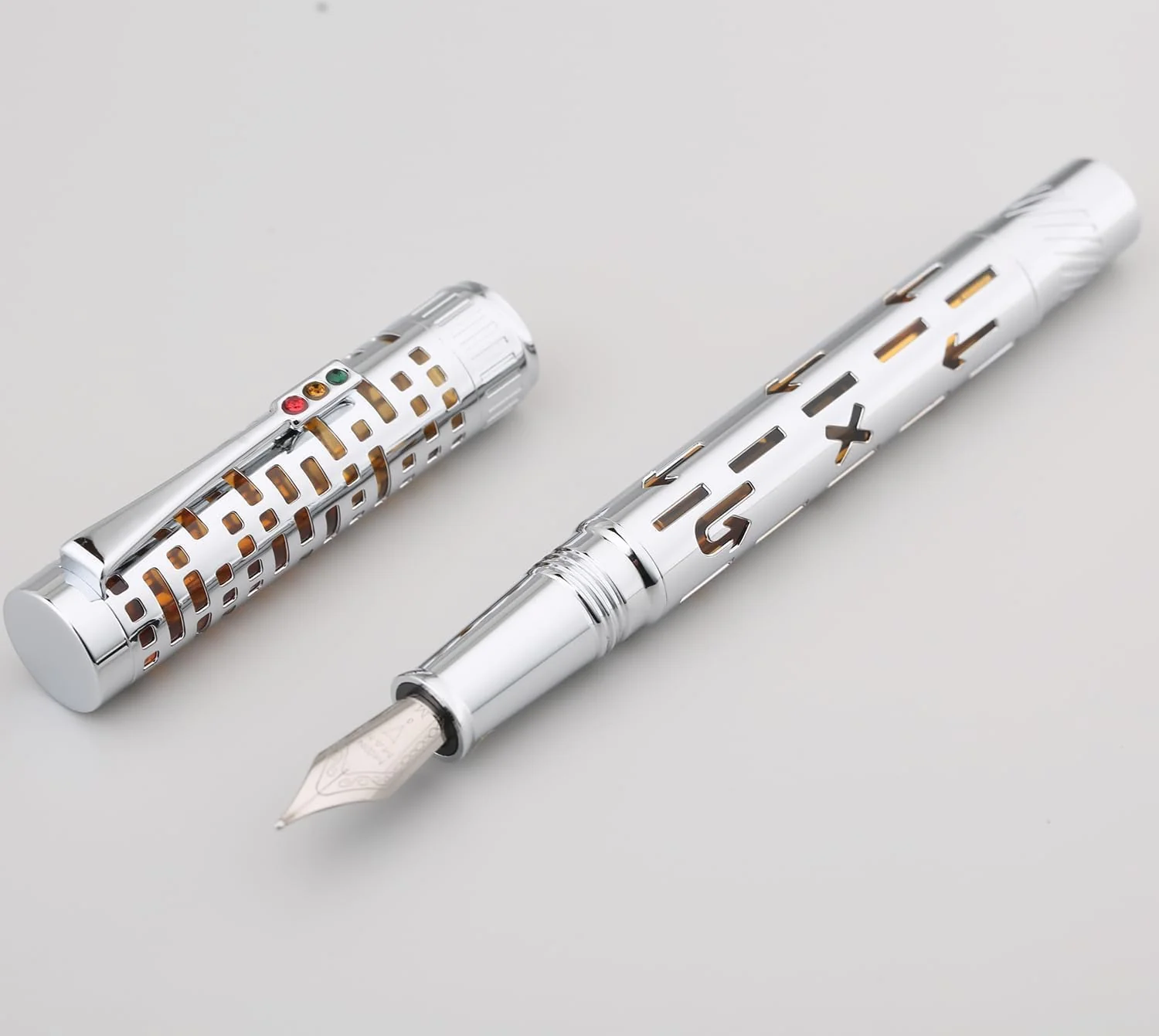 Moonman T6 City Lights Fountain Pen – Silver Skeleton Orange Acrylic Body, Extra Fine / Medium Nib, Piston Filling System - Image 5