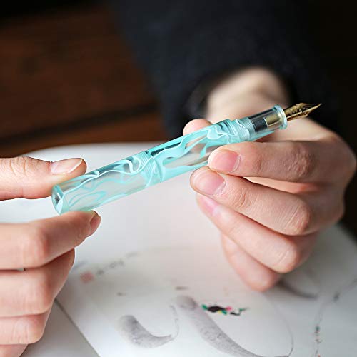 Moonman Fountain Pen Wancai Mini Ink Transparent Pocket-Size Travel Short Pen Fine Nib 0.5mm Writing Gift Pen with 6 PCS Black Ink Cartridges - Mint Green Pattern - Image 3