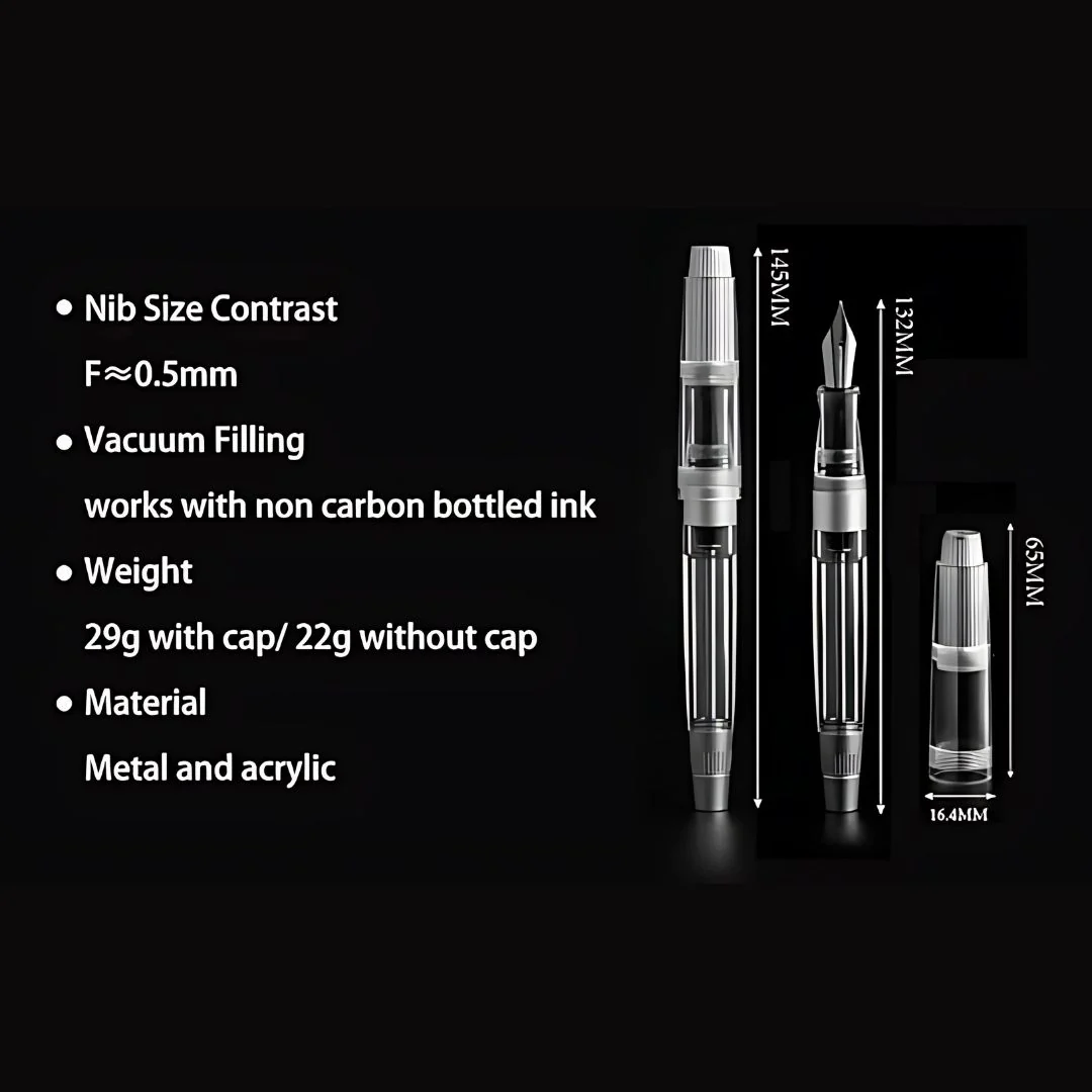 Natami Super Warship Fountain Pen – Fine Nib, Transparent Clear Body, Vacuum Filling System (White Storms Design) - Image 8
