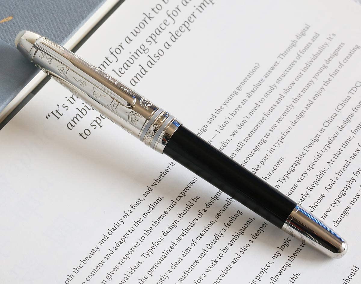 Moonman P135 Red Resin Fountain Pen Small Bent Nib, Beautiful Desert Eagle Metal Pen Cap Pearl Top (Black) - Image 4