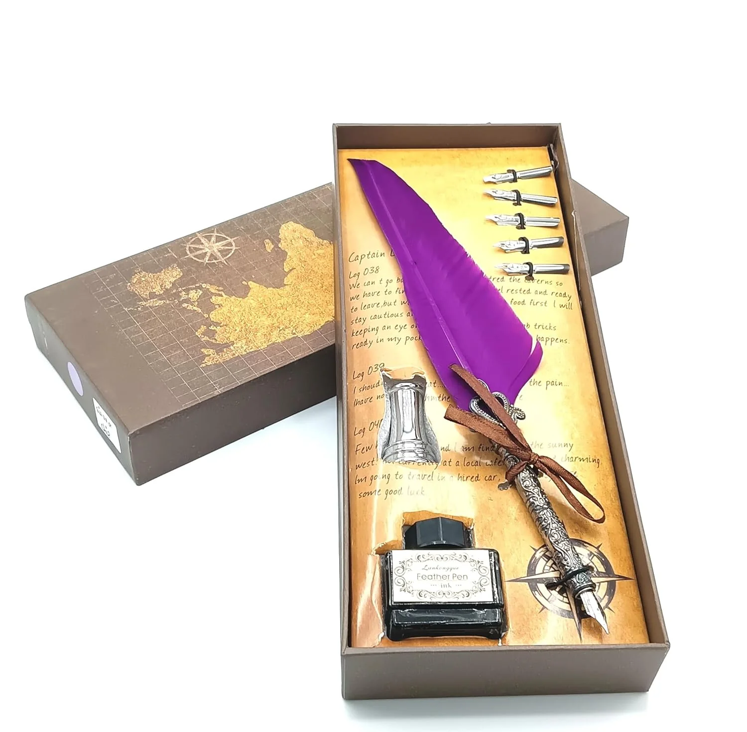 Quill Feather Pen Calligraphy Set – Antique Dip Quill Fountain Pen with 5 Replacement Nibs, 15ml Ink Bottle, Pen Holder & Writing Accessories – Vintage Stationery Gift Box (Grey / Red / Violet / Light Green / Blue) - Image 3