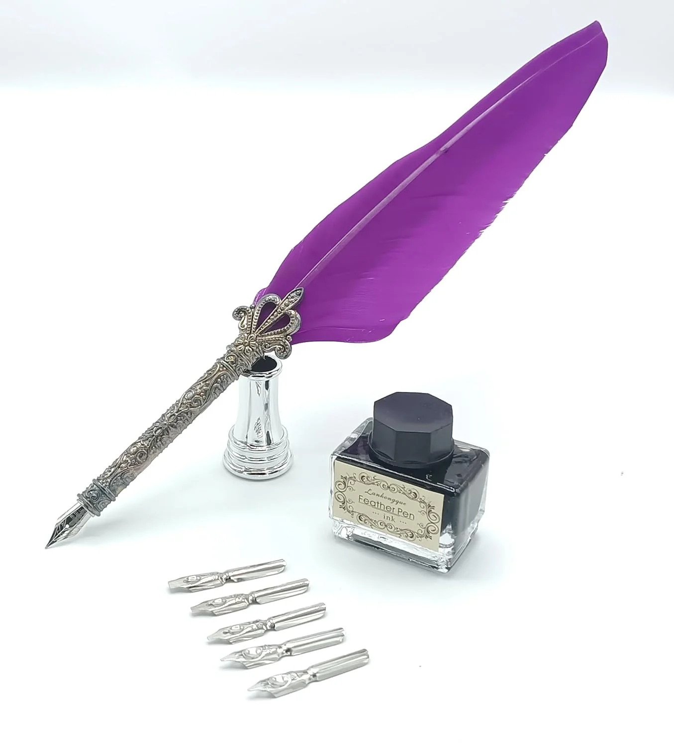 Quill Feather Pen Calligraphy Set – Antique Dip Quill Fountain Pen with 5 Replacement Nibs, 15ml Ink Bottle, Pen Holder & Writing Accessories – Vintage Stationery Gift Box (Grey / Red / Violet / Light Green / Blue) - Image 4