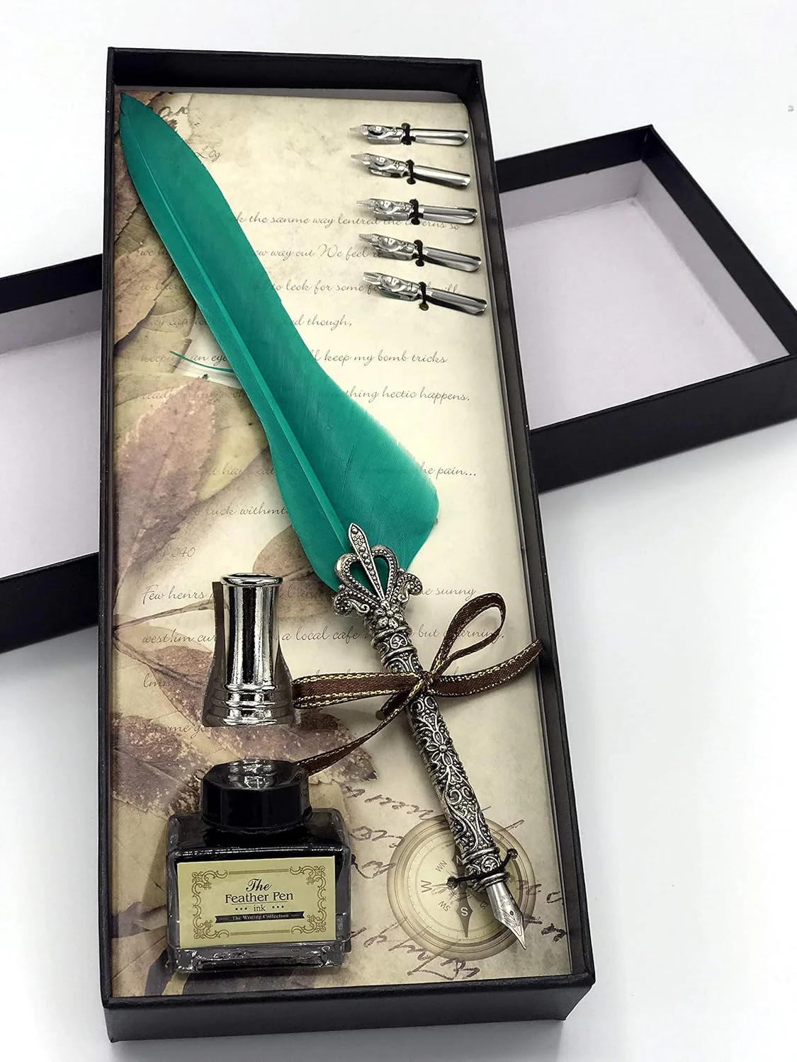Quill Feather Pen Calligraphy Set – Antique Dip Quill Fountain Pen with 5 Replacement Nibs, 15ml Ink Bottle, Pen Holder & Writing Accessories – Vintage Stationery Gift Box (Grey / Red / Violet / Light Green / Blue) - Image 5