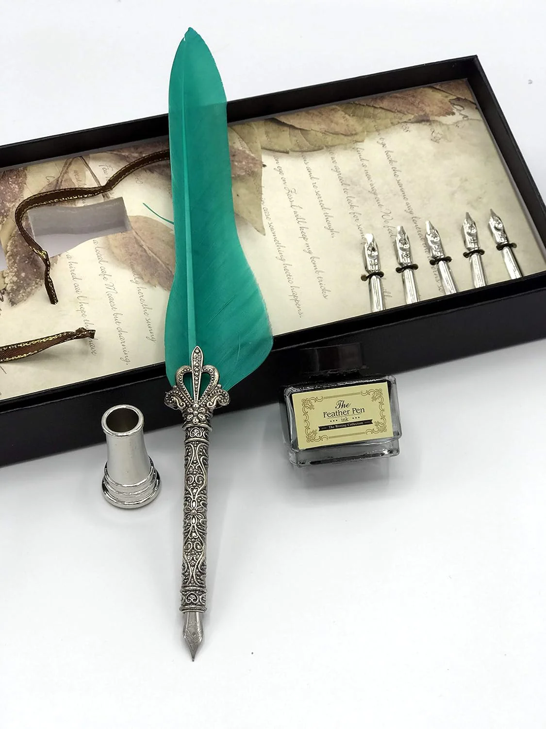Quill Feather Pen Calligraphy Set – Antique Dip Quill Fountain Pen with 5 Replacement Nibs, 15ml Ink Bottle, Pen Holder & Writing Accessories – Vintage Stationery Gift Box (Grey / Red / Violet / Light Green / Blue) - Image 6