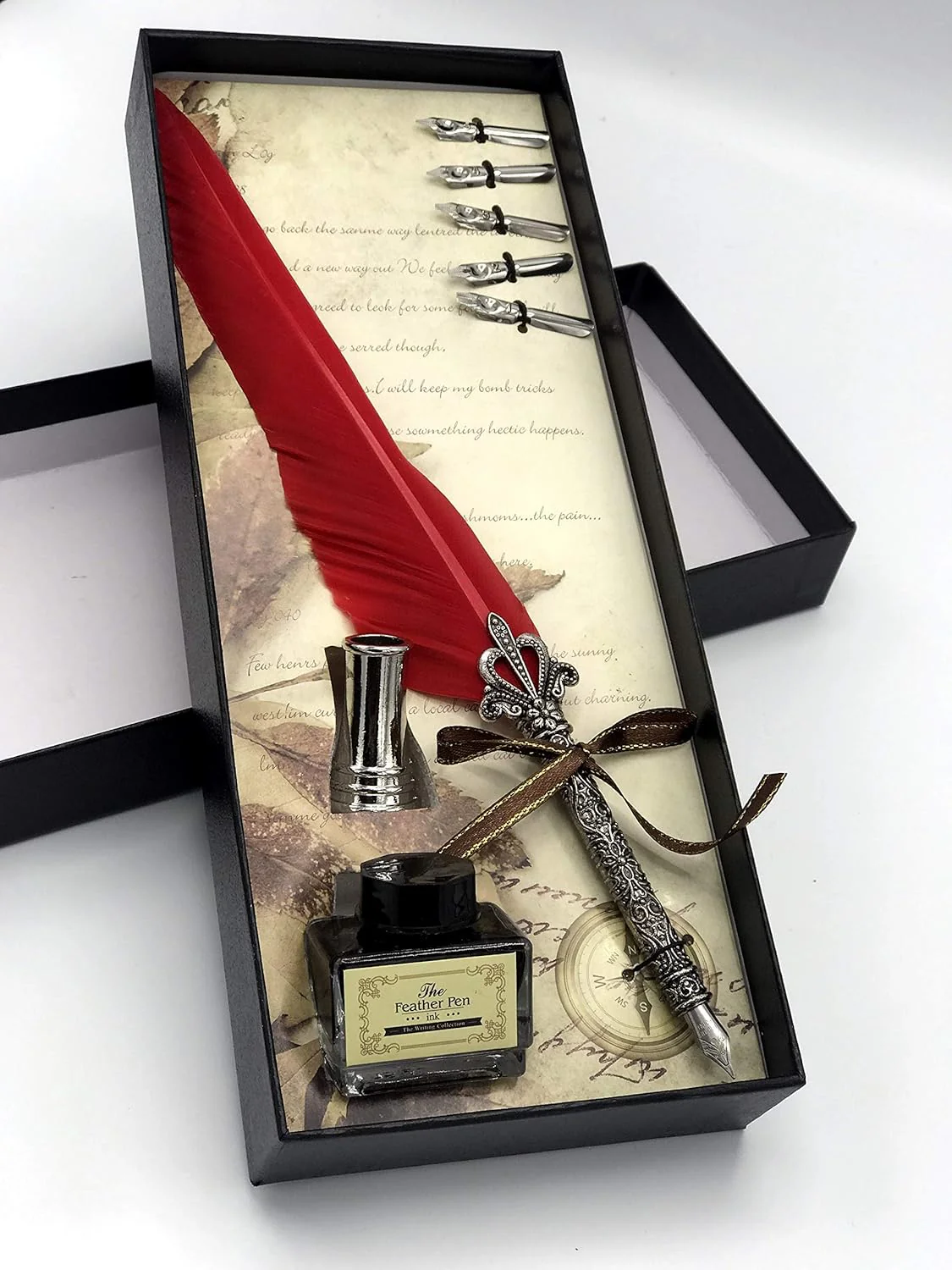 Quill Feather Pen Calligraphy Set – Antique Dip Quill Fountain Pen with 5 Replacement Nibs, 15ml Ink Bottle, Pen Holder & Writing Accessories – Vintage Stationery Gift Box (Grey / Red / Violet / Light Green / Blue) - Image 7