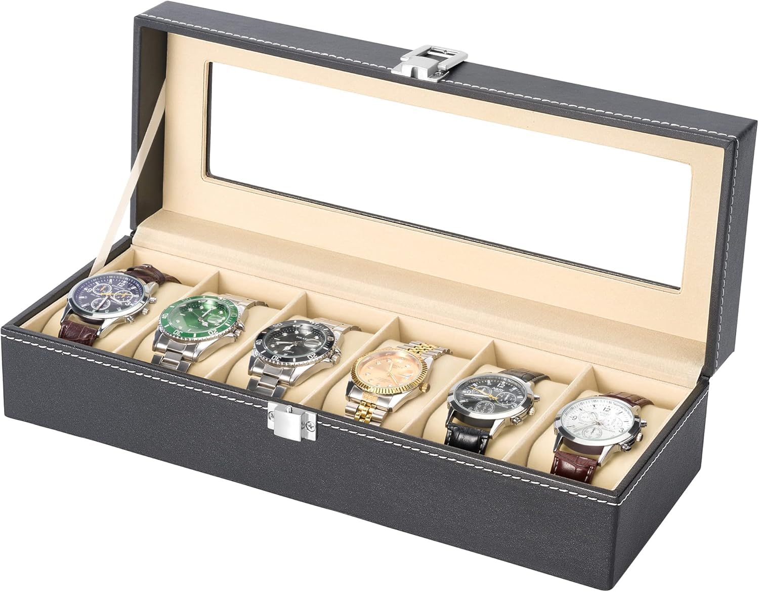 Watch Box – 3 Or 6 Slot Luxury Watch Storage Case with Glass Lid & Removable Watch Pillows - Image 6