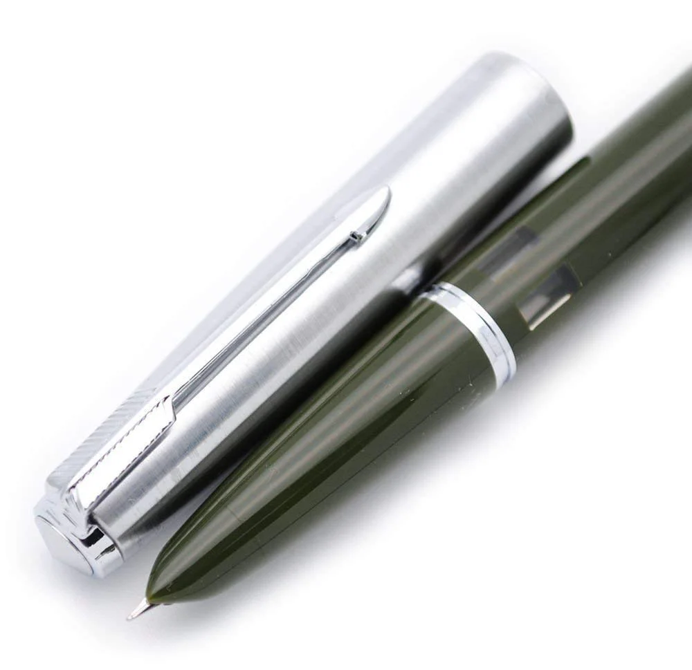 Wing Sung 601 Steel Cap Vacumatic Fountain Pen – Parrot Green with Ink Window, Fine Nib, Box Included - Image 2