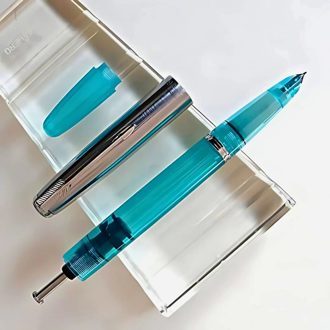 Wing Sung 601 Transparent Blue Vacumatic Fountain Pen – 0.5mm Fine Nib, Resin Body, Steel Cap, Push-Cap with Converter & Box (No Ink) - Image 4