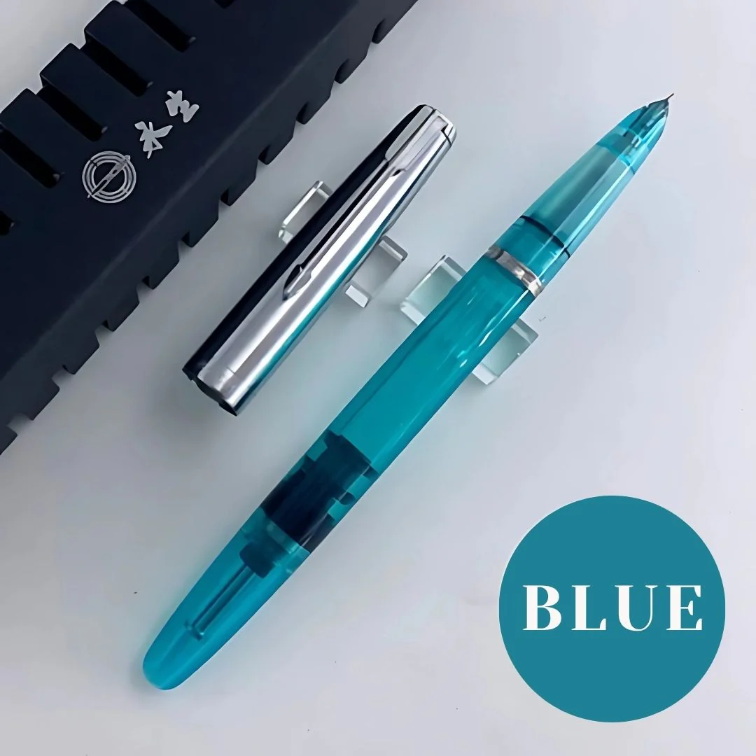 Wing Sung 601 Transparent Blue Vacumatic Fountain Pen – 0.5mm Fine Nib, Resin Body, Steel Cap, Push-Cap with Converter & Box (No Ink) - Image 5