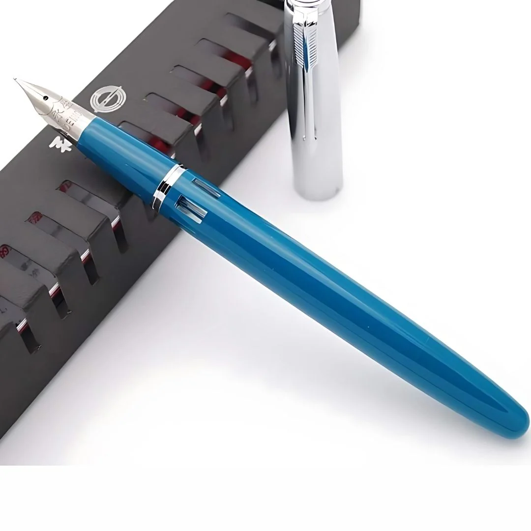 Wing Sung 601A Blue-Green Steel Cap Vacumatic Fountain Pen with Ink Window – 0.5mm Fine Nib, Resin Body, Push-Cap with Converter & Box (No Ink) - Image 3