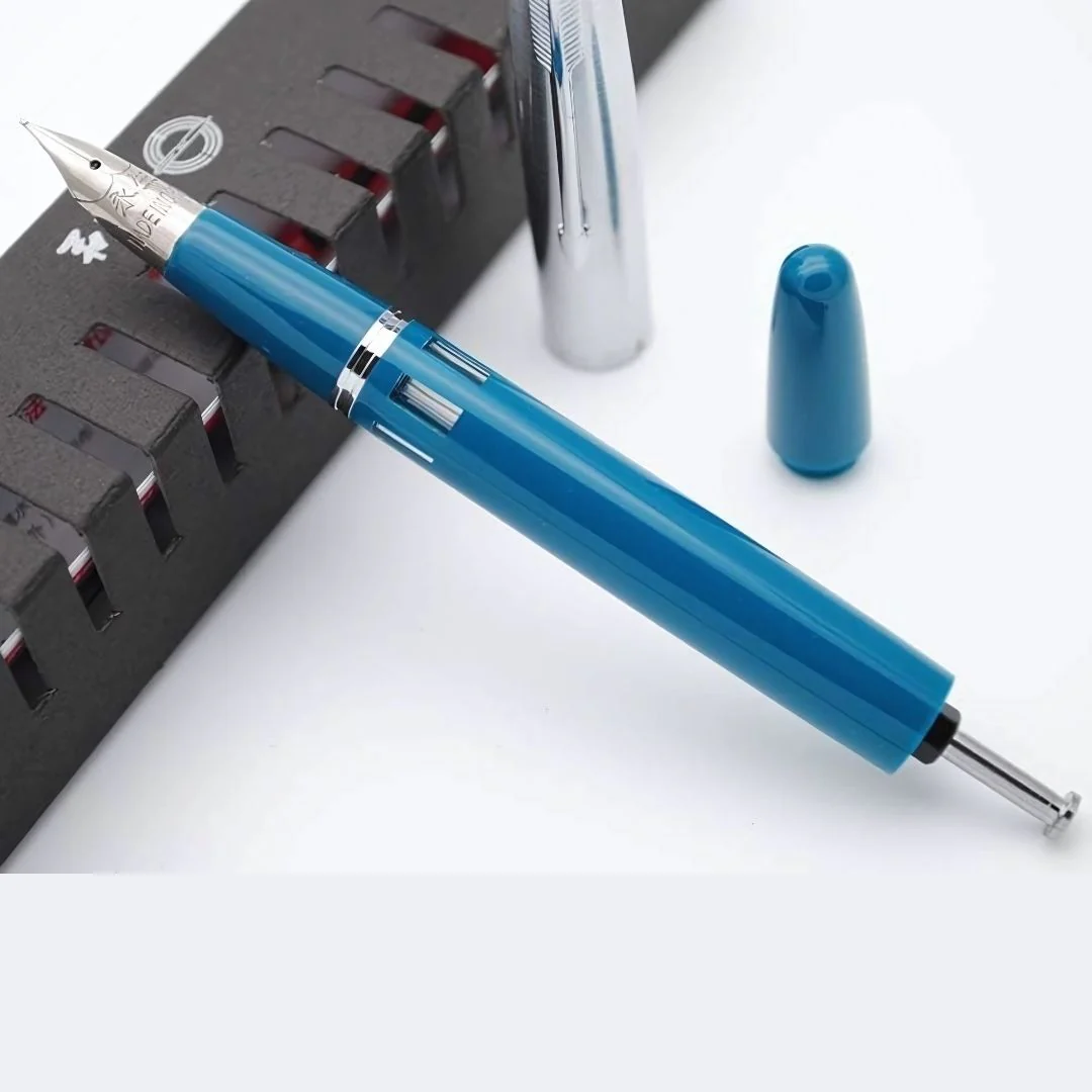 Wing Sung 601A Blue-Green Steel Cap Vacumatic Fountain Pen with Ink Window – 0.5mm Fine Nib, Resin Body, Push-Cap with Converter & Box (No Ink) - Image 5