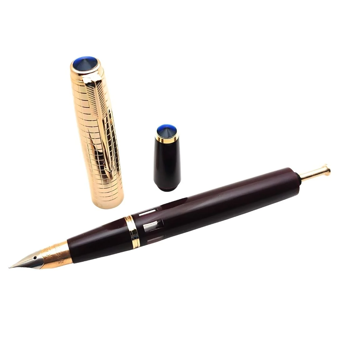 Wing Sung 601A Crimson Vacumatic Fountain Pen – Fine 0.5mm Nib, Golden Cap, Resin Body, Ink Window, Push-Cap with Converter & Box (No Ink) - Image 8