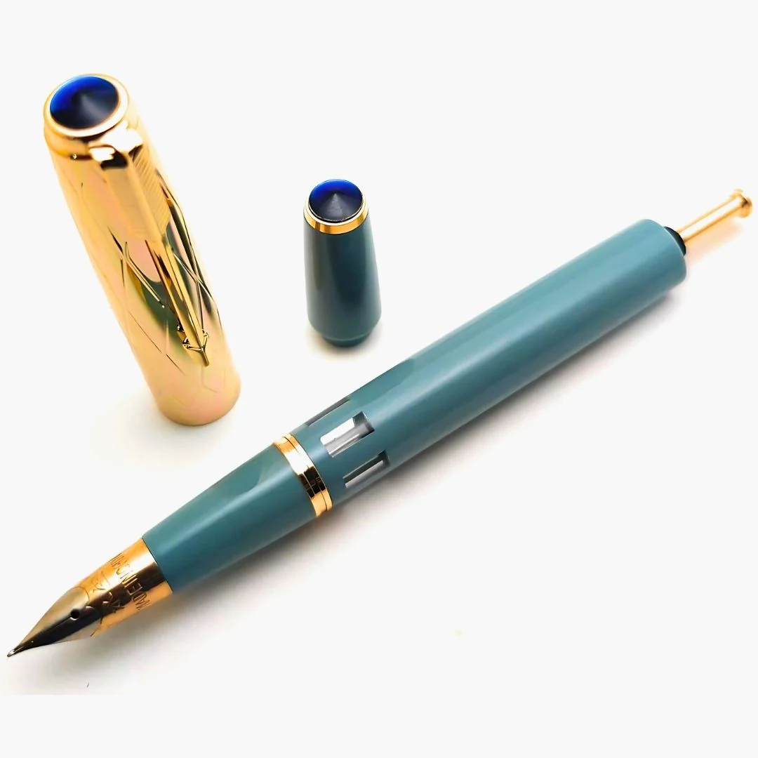 Wing Sung 601A Sky Blue Vacumatic Fountain Pen with Golden Cap – 0.5mm Fine Nib, Ink Window Pen, Resin Body, Push-Cap with Converter & Box (No Ink) - Image 4