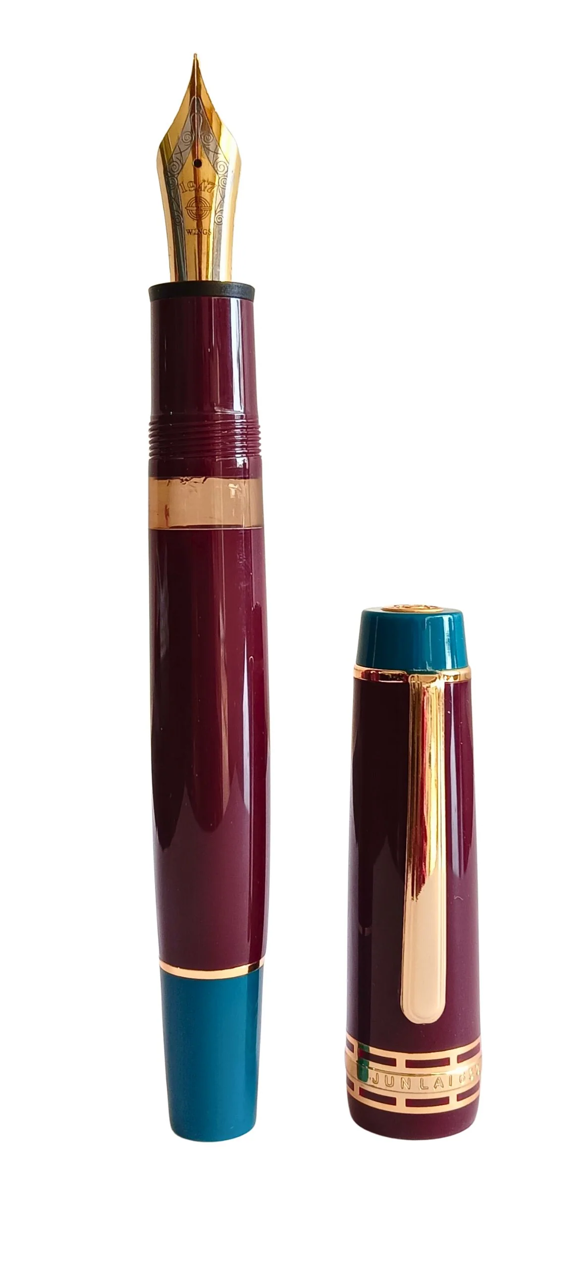 Wing Sung 630 Limited Edition Bespoke Fountain Pen - Maroon Body with Teal Ends, Open Ink Window, #8 Fine Nib - Piston Filler - Image 2