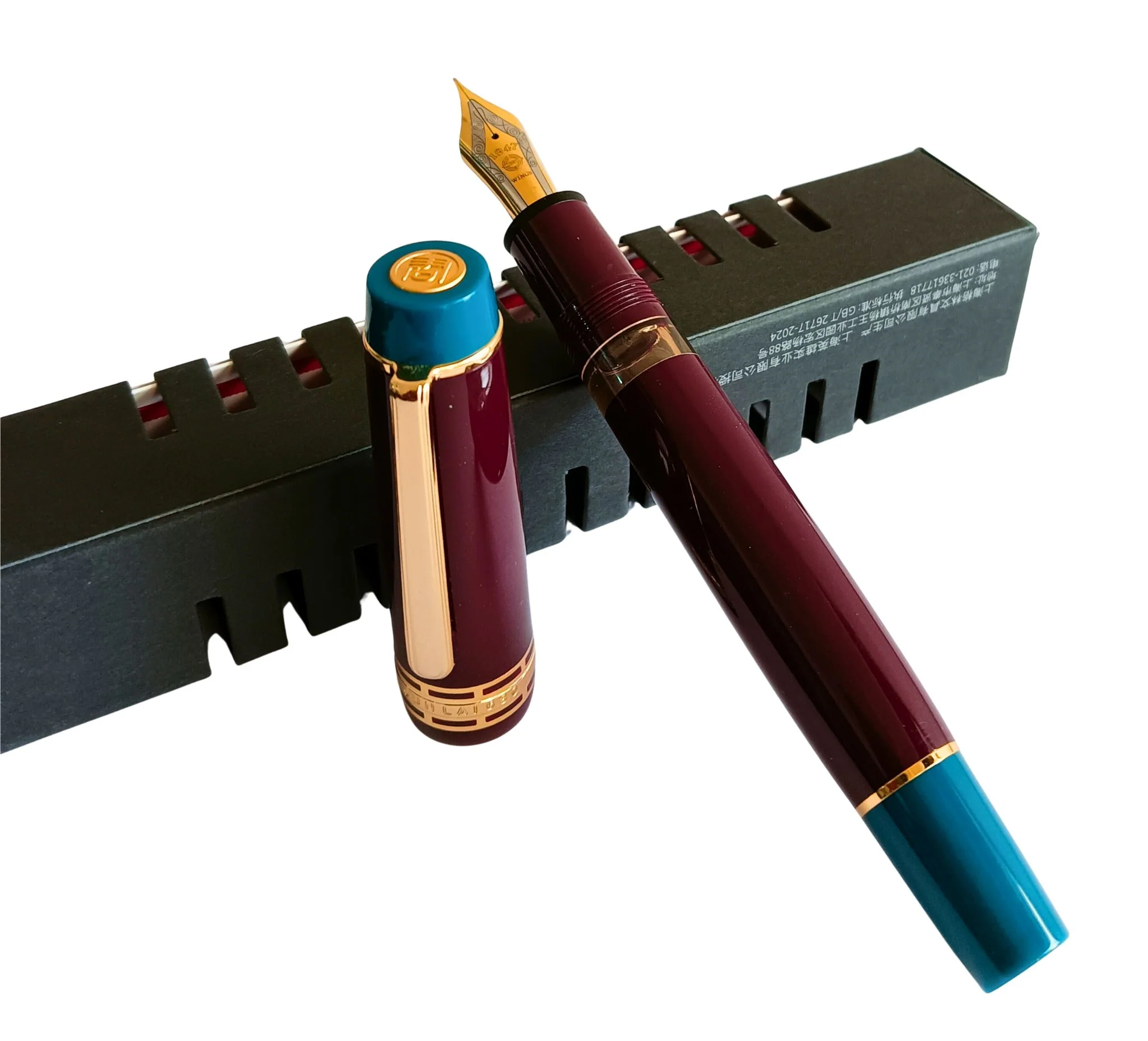 Wing Sung 630 Limited Edition Bespoke Fountain Pen - Maroon Body with Teal Ends, Open Ink Window, #8 Fine Nib - Piston Filler - Image 4
