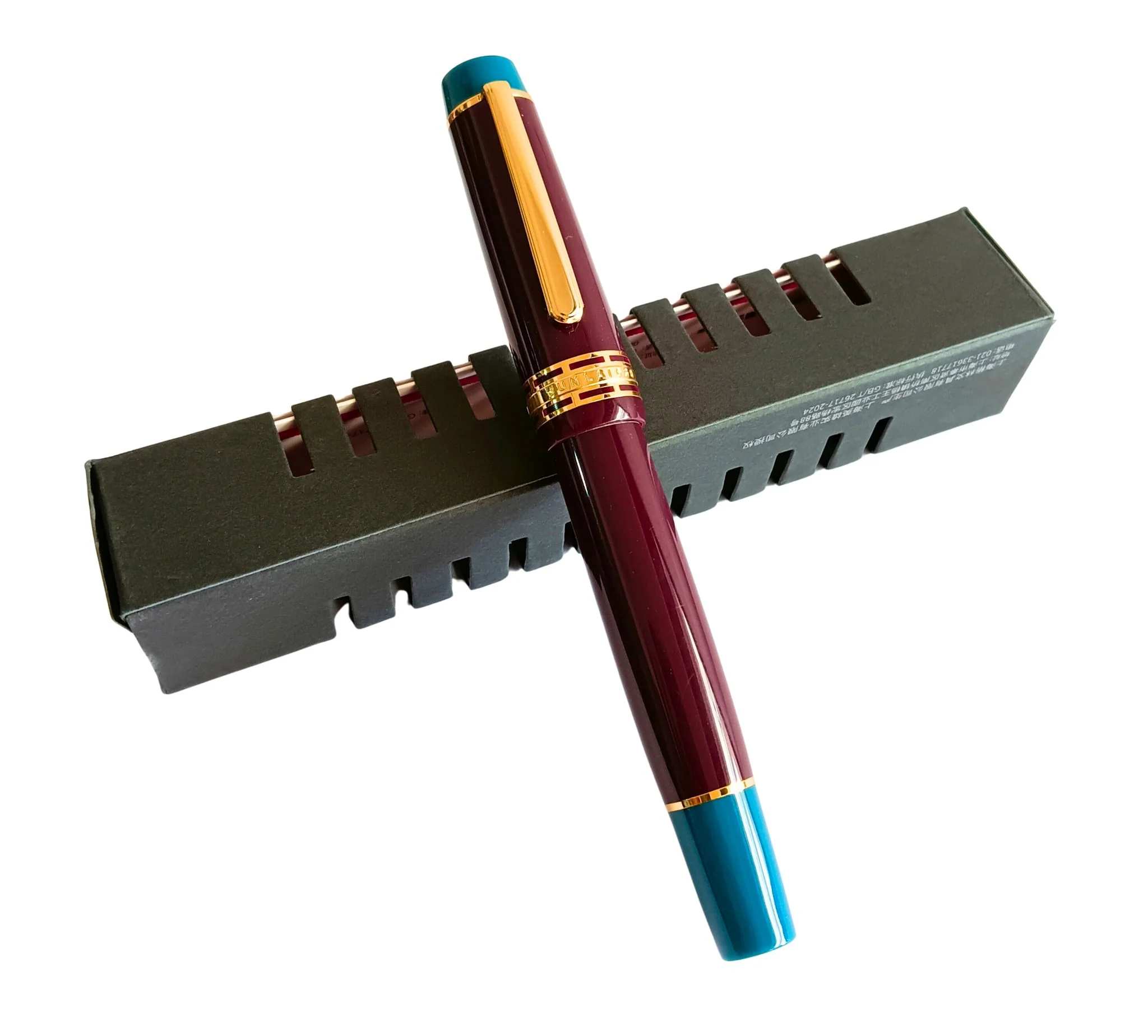 Wing Sung 630 Limited Edition Bespoke Fountain Pen - Maroon Body with Teal Ends, Open Ink Window, #8 Fine Nib - Piston Filler - Image 5
