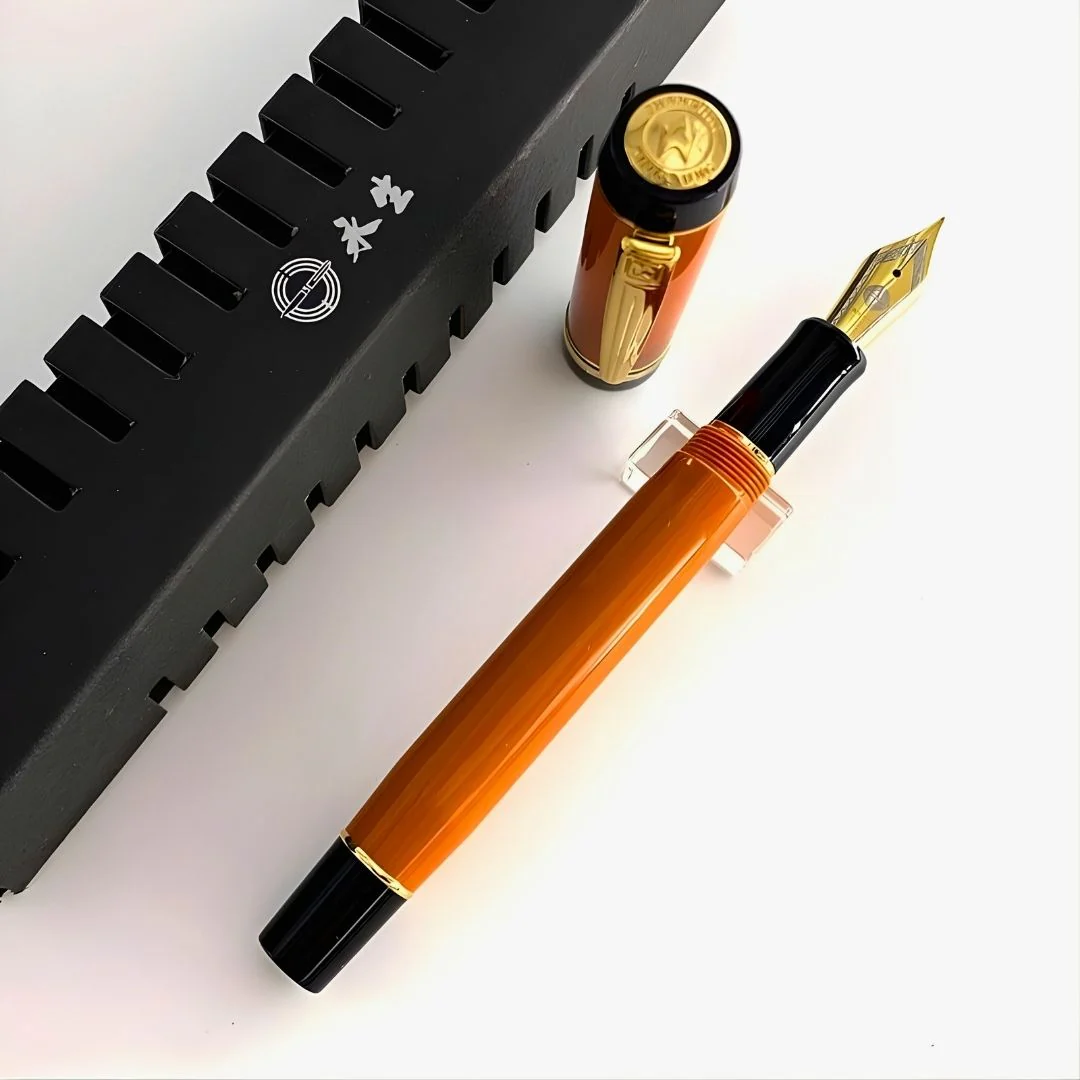 Wing Sung 670 Orange Acetate Resin Fountain Pen – Fine 0.5mm Nib, Gold Clip, Screw-Type Converter - Image 2