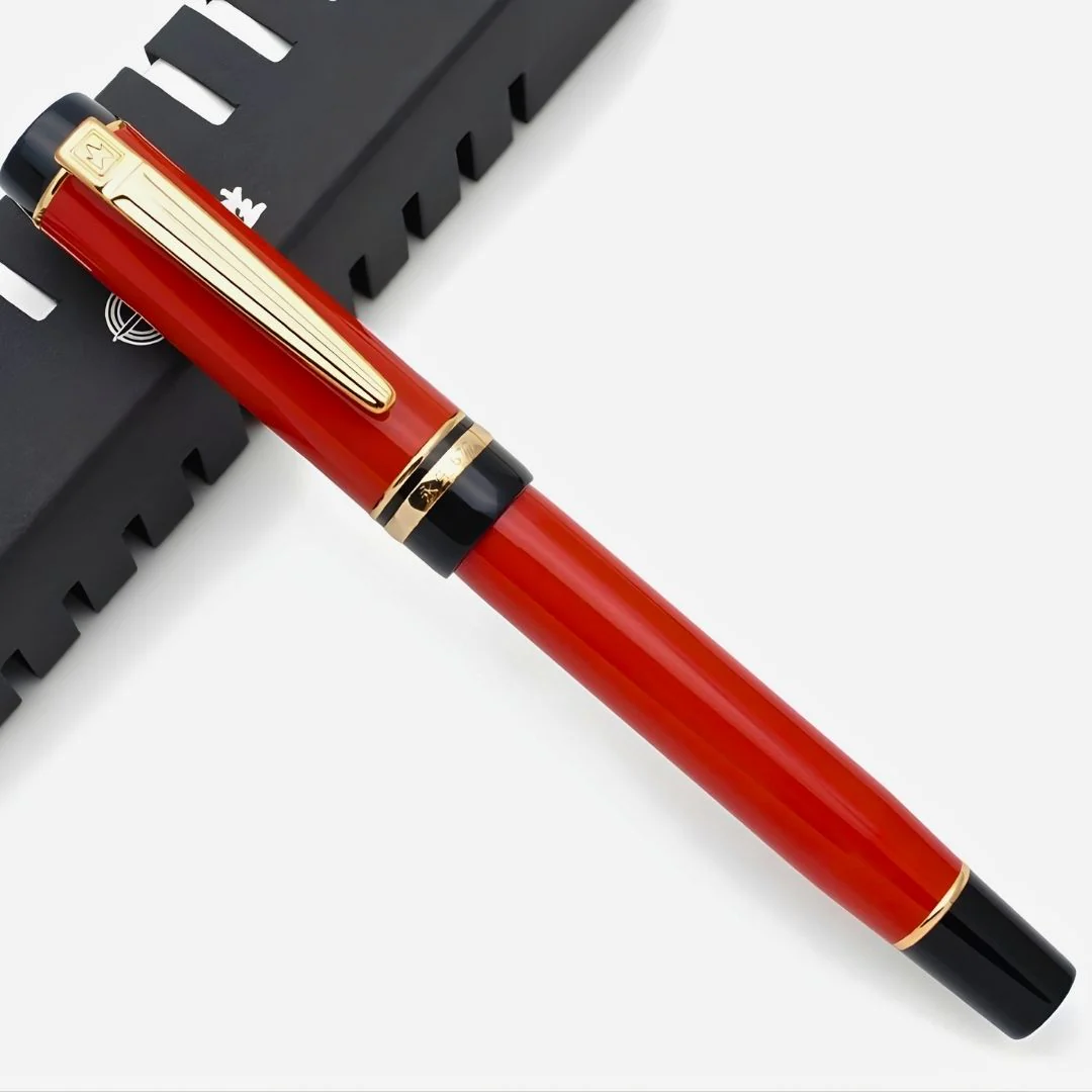 Wing Sung 670 Red Acetate Resin Fountain Pen – Fine & Medium Nib, Gold Clip, Screw-Type Converter - Image 2