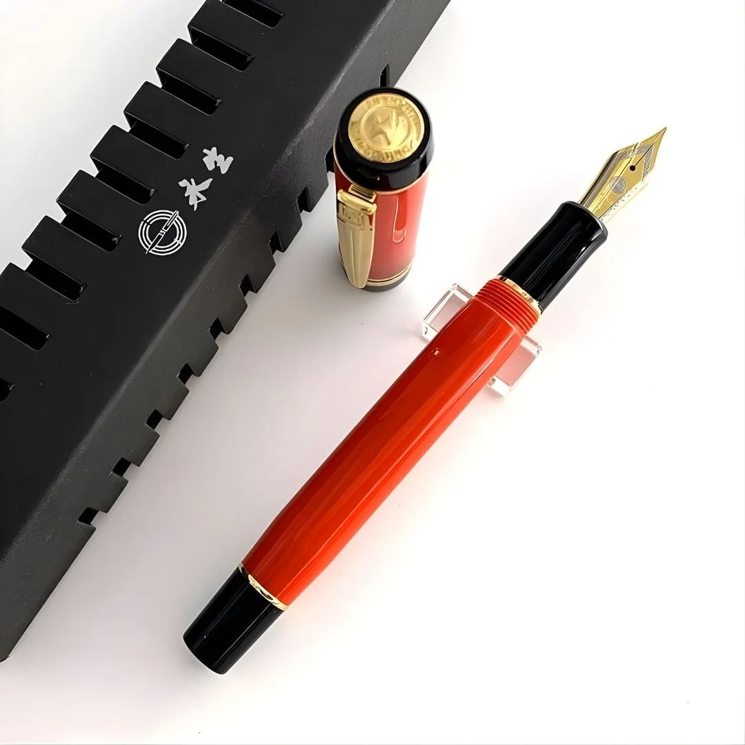 Wing Sung 670 Red Acetate Resin Fountain Pen – Fine & Medium Nib, Gold Clip, Screw-Type Converter - Image 7