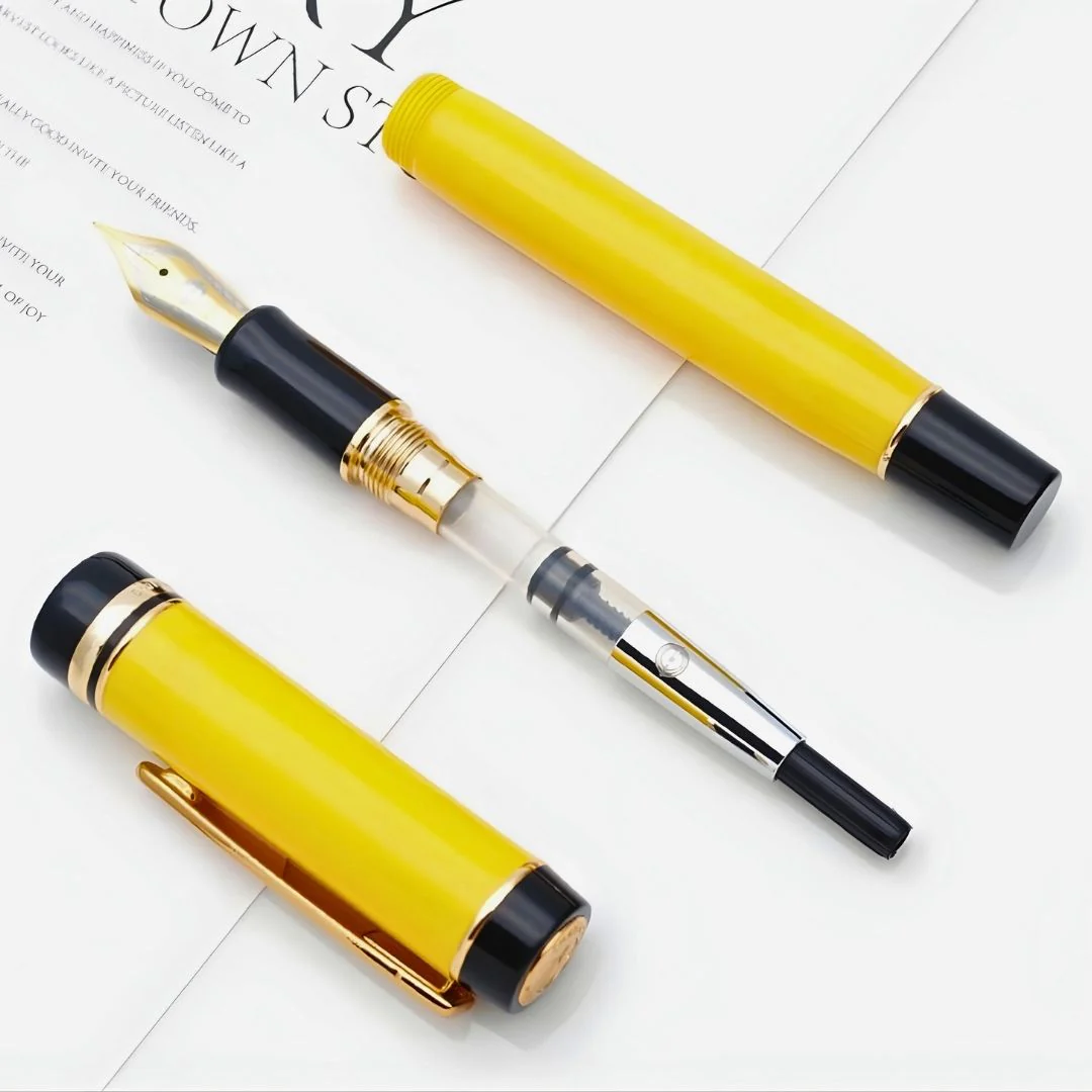 Wing Sung 670 Yellow Acetate Resin Fountain Pen – Fine & Medium Nib, Gold Clip, Screw-Type Converter - Image 3