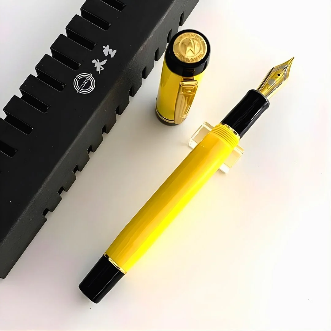 Wing Sung 670 Yellow Acetate Resin Fountain Pen – Fine & Medium Nib, Gold Clip, Screw-Type Converter - Image 7