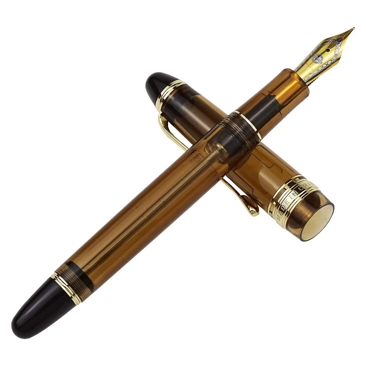 Wing Sung 699 Transparent Brown Vacuum Filler Fountain Pen – Smooth M Nib, Large Ink Capacity, Demonstrator Body, Gold Trim - Image 2
